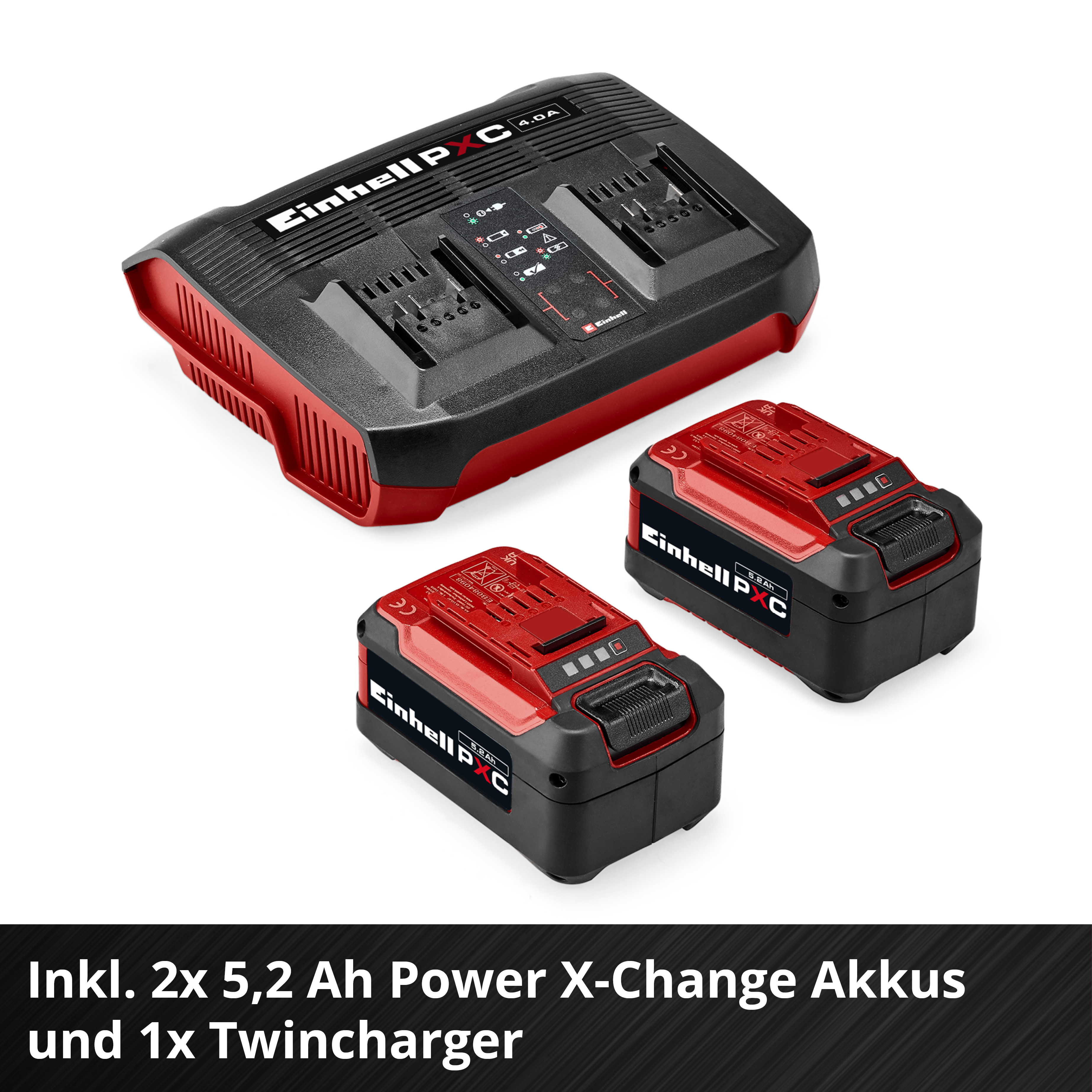 Einhell PXC Twincharger mit zwei 5,2 Ah Akkus, rot und schwarz.
