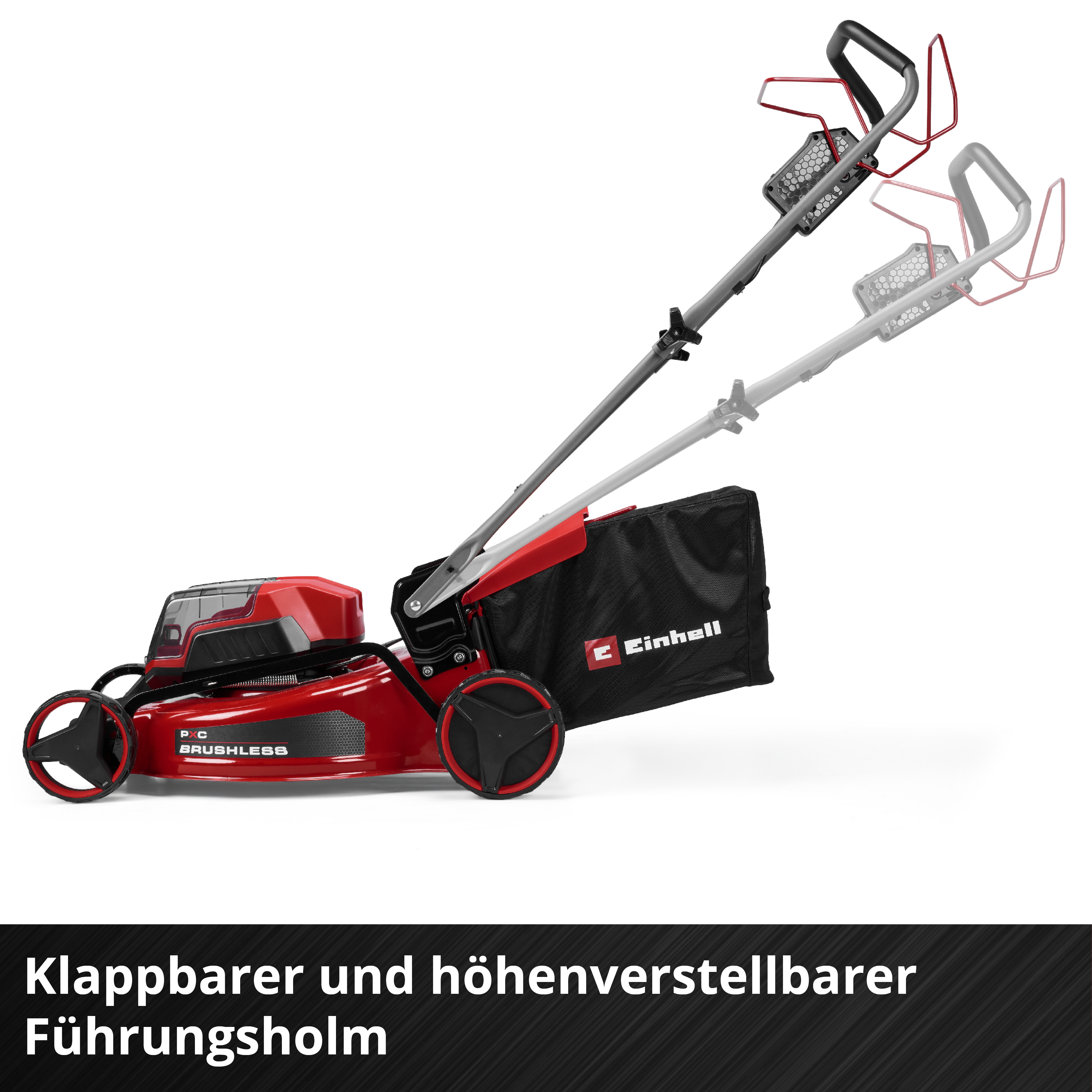 Ein roter Rasenmäher mit schwarzem Fangkorb und verstellbarem Griff.