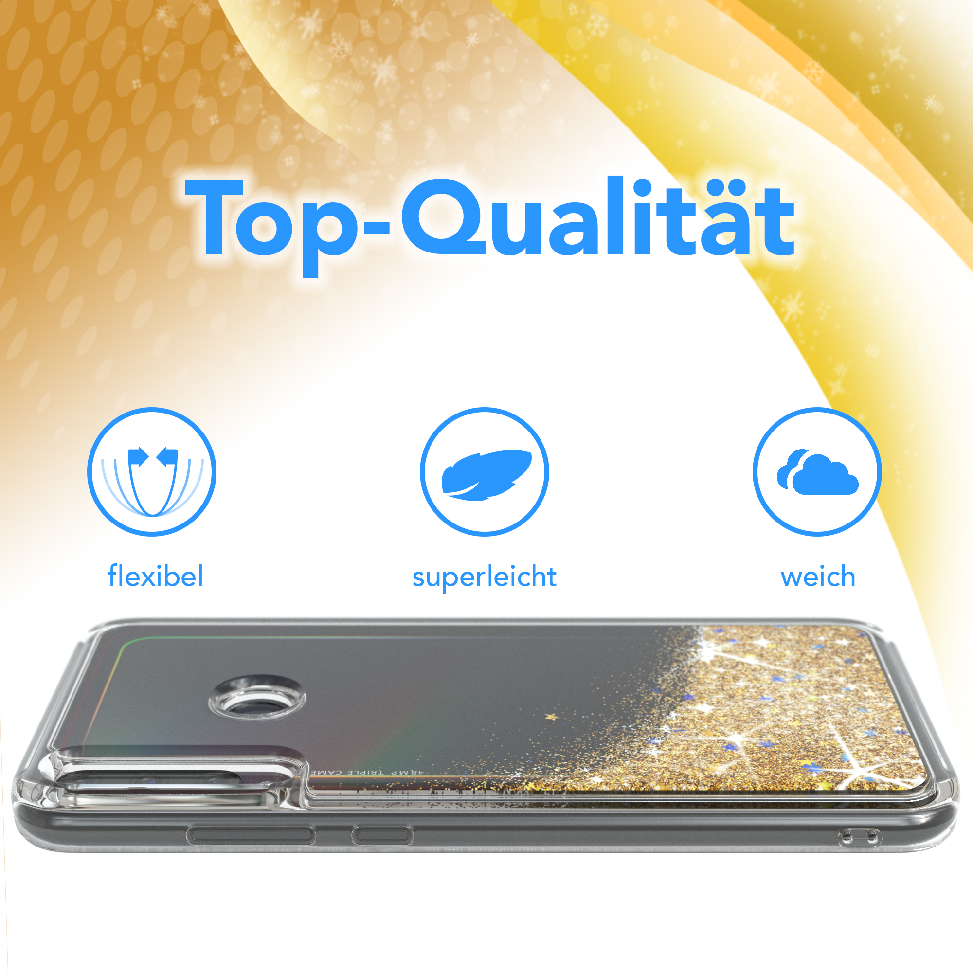 Transparente Handyhülle mit goldenem Glitzer und den Attributen flexibel, superleicht, weich.