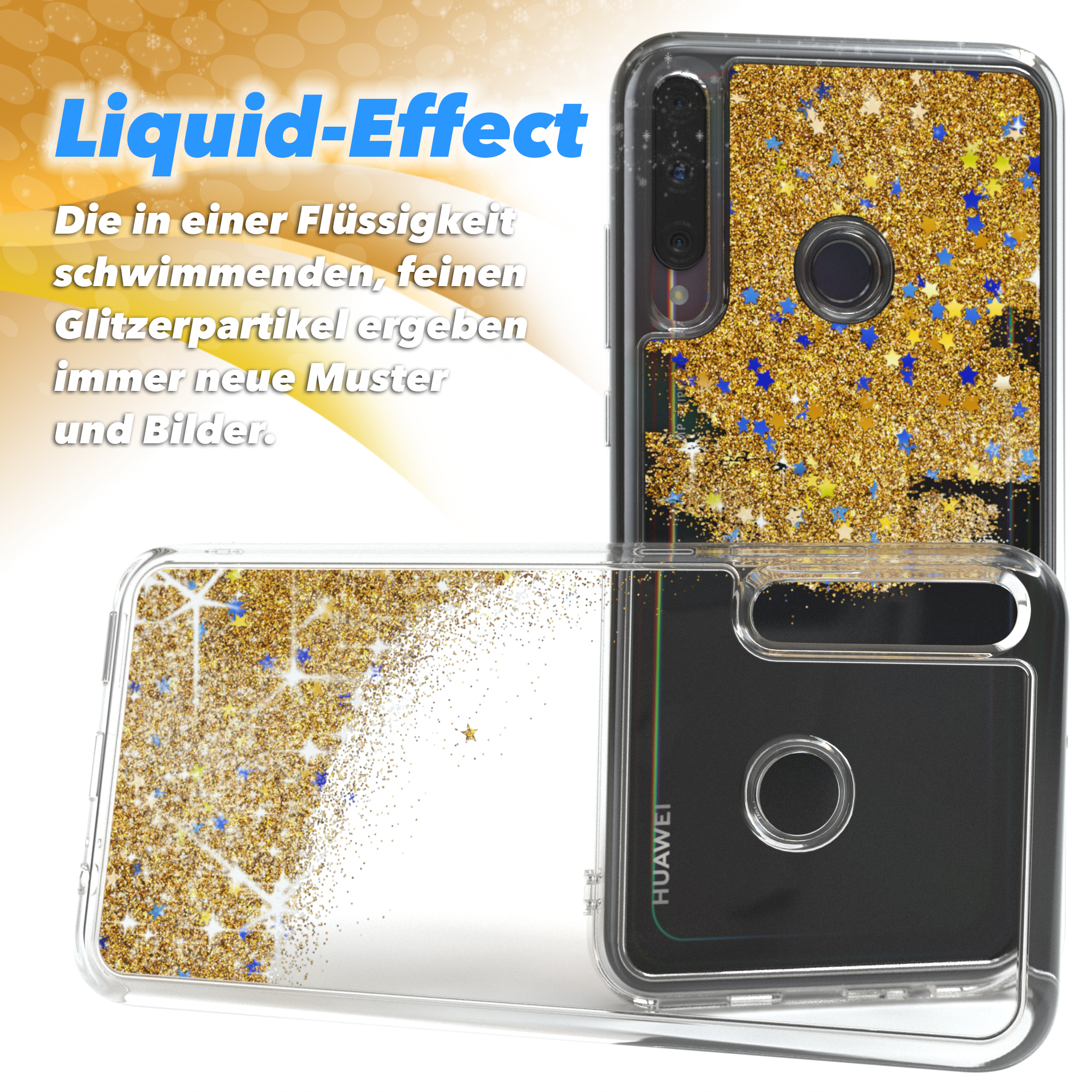 Transparente Hülle mit goldenem Glitzer und blauen Sternen. Huawei-Logo sichtbar.