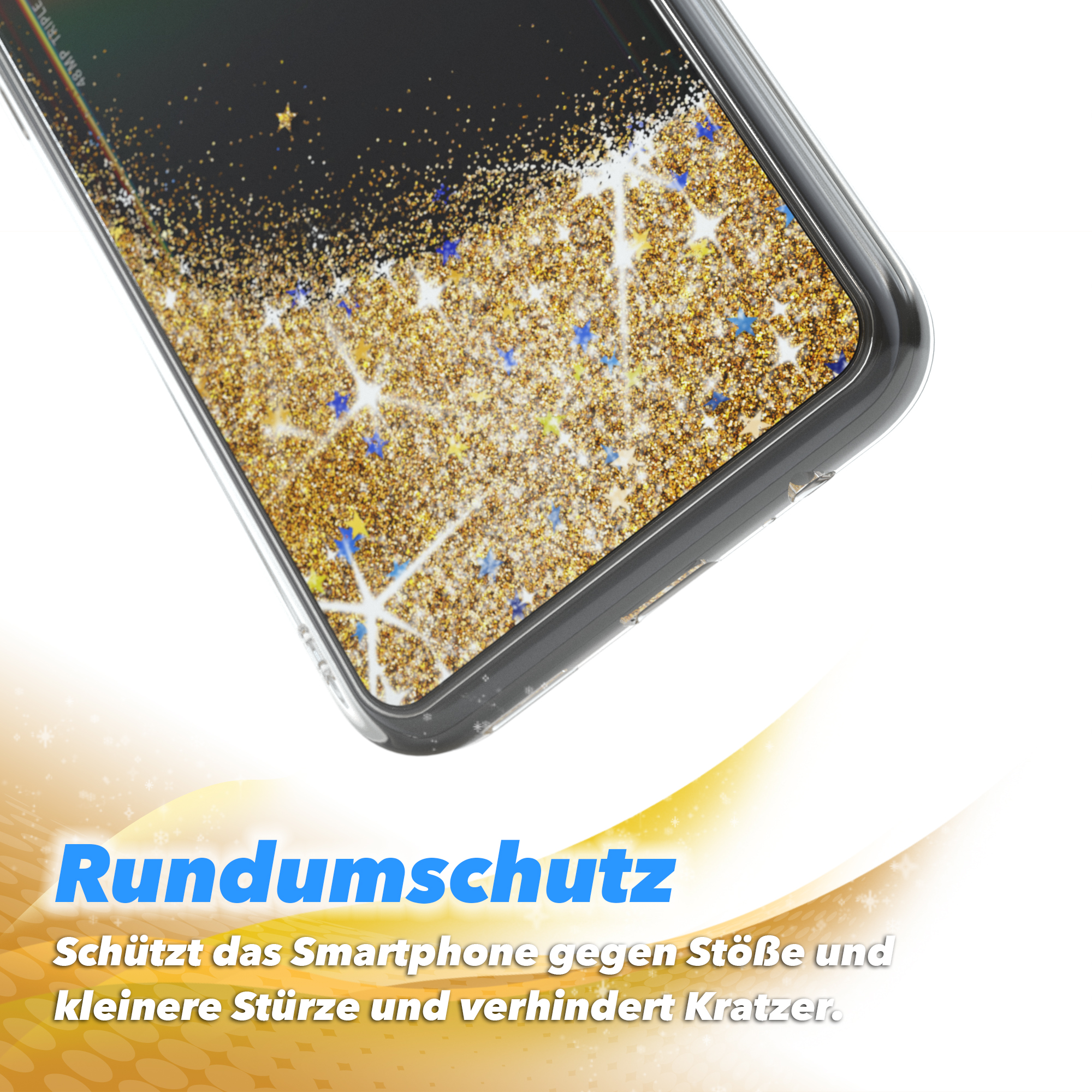 Ein Smartphone-Schutz mit Glitzer und Sternen. Rundumschutz.