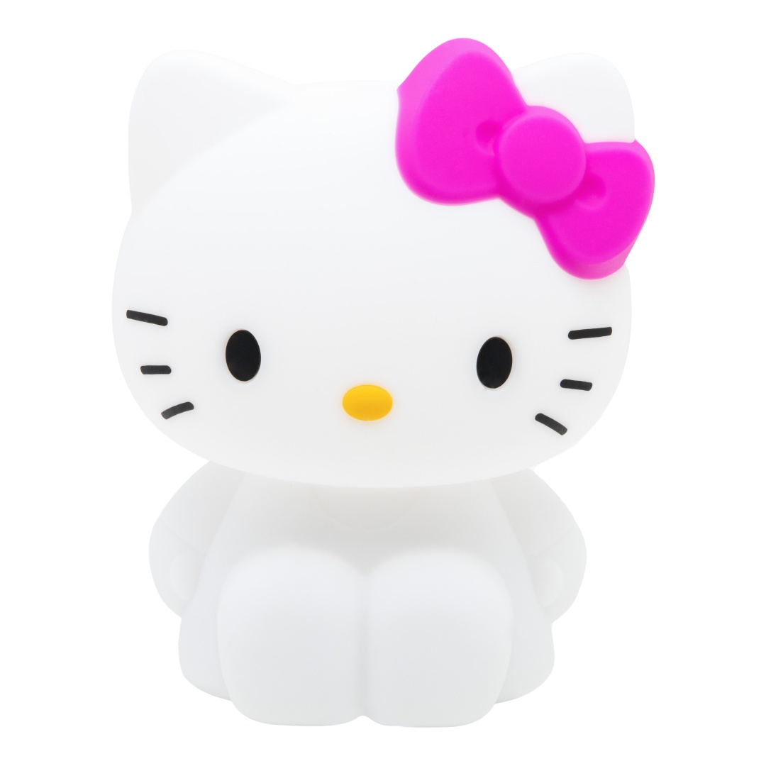 Eine weiße Hello Kitty Figur mit pinker Schleife.