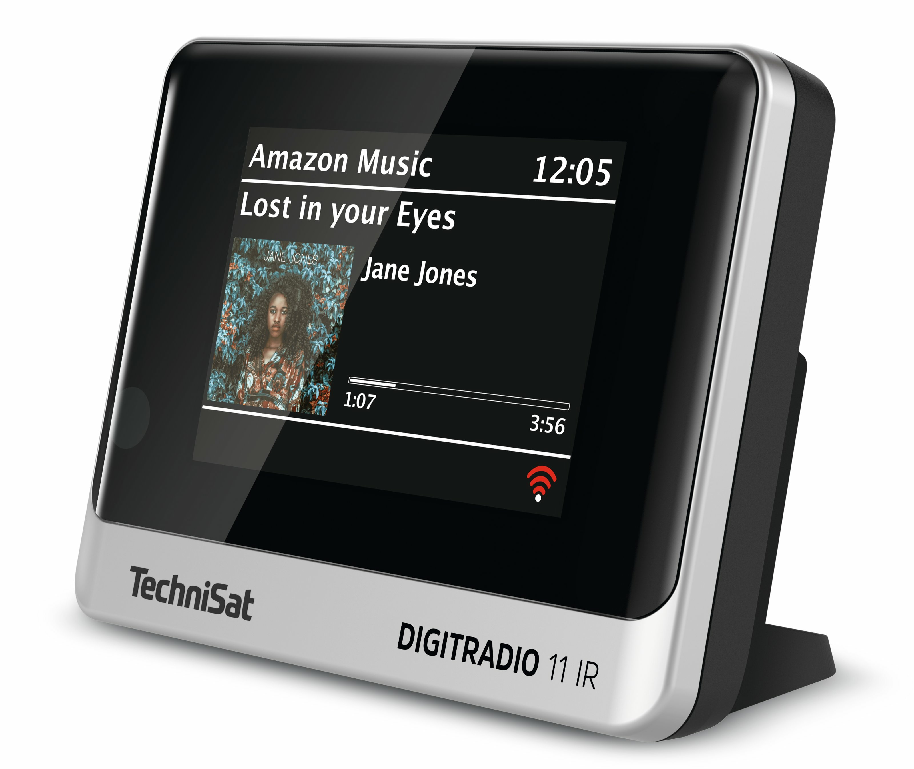 Una radio digitale TechniSat argentata mostra informazioni musicali: Jane Jones, Lost in your Eyes.