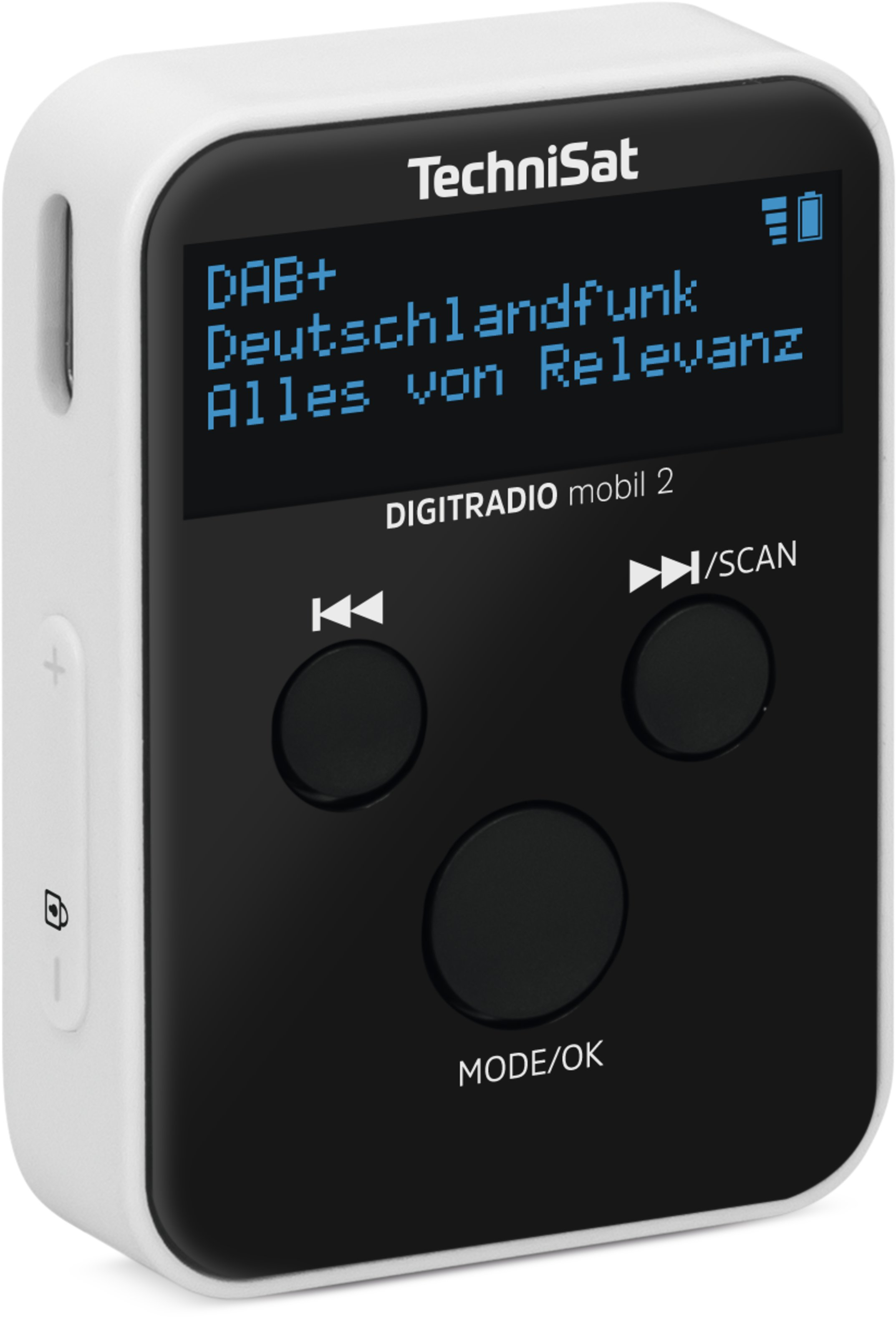Un TechniSat DIGITRADIO mobil 2 bianco con controlli e display neri.