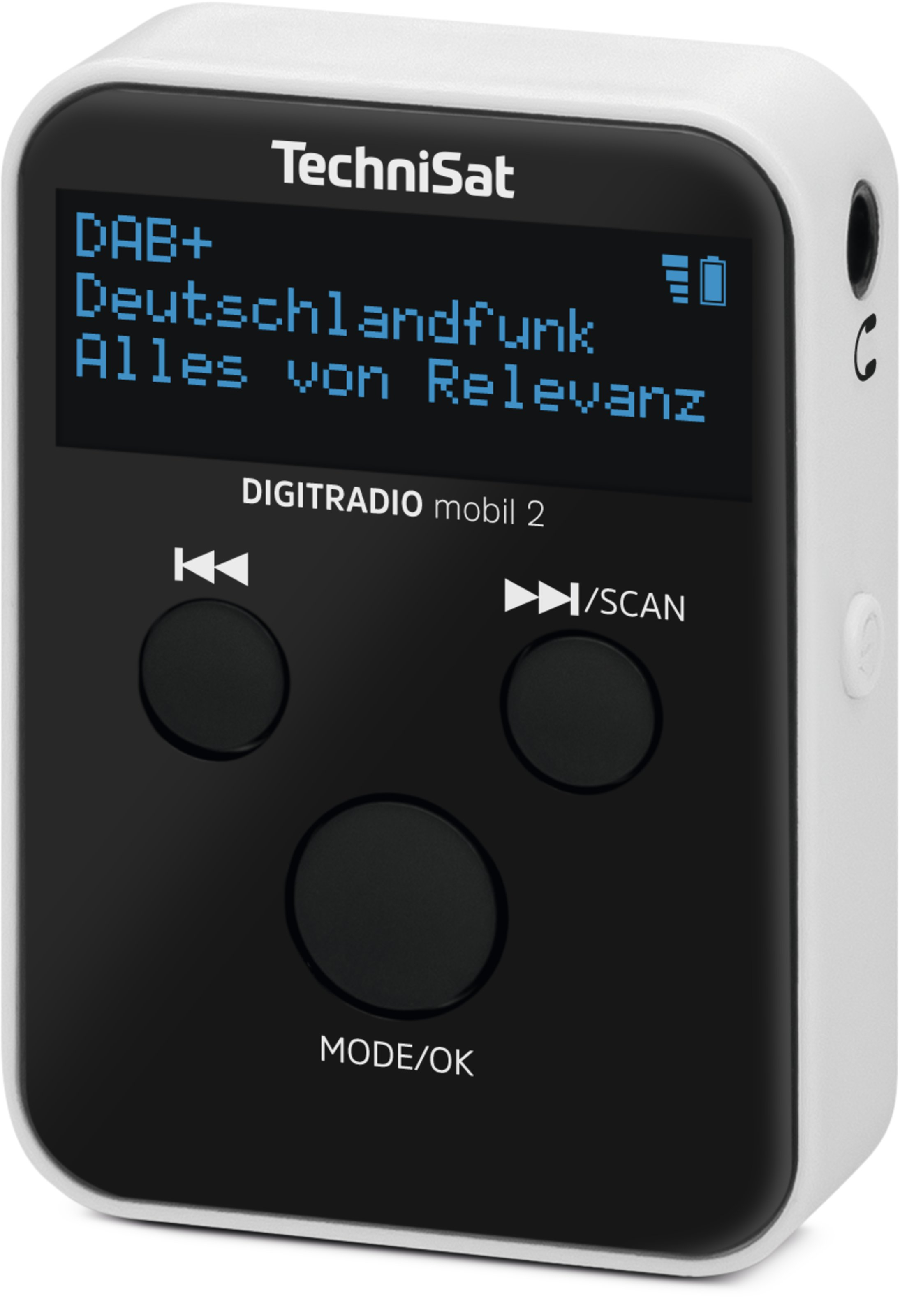 Una radio TechniSat DAB+ bianca con schermo e pulsanti.