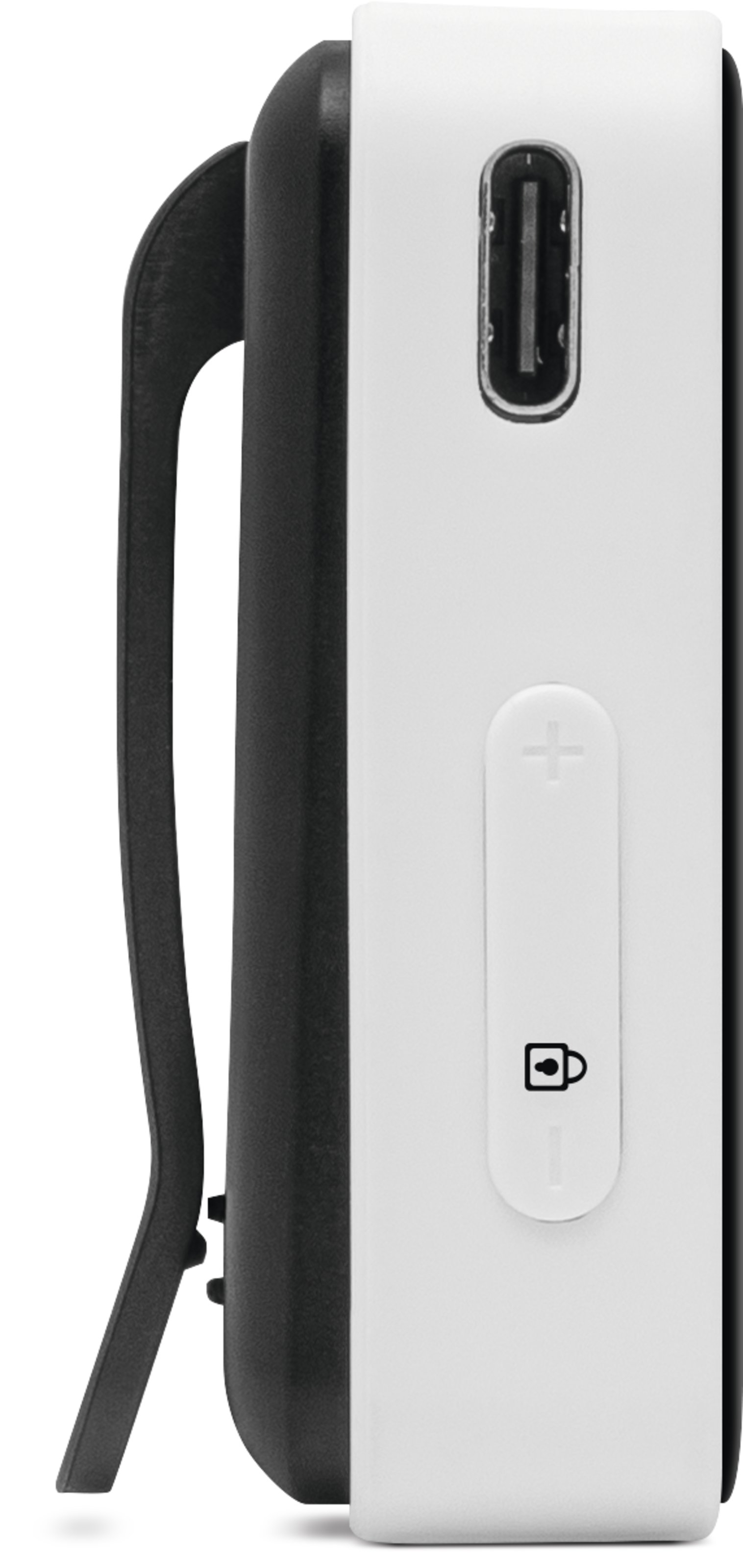 Un dispositivo bianco con clip nero. Una porta USB-C in alto e pulsanti sotto.