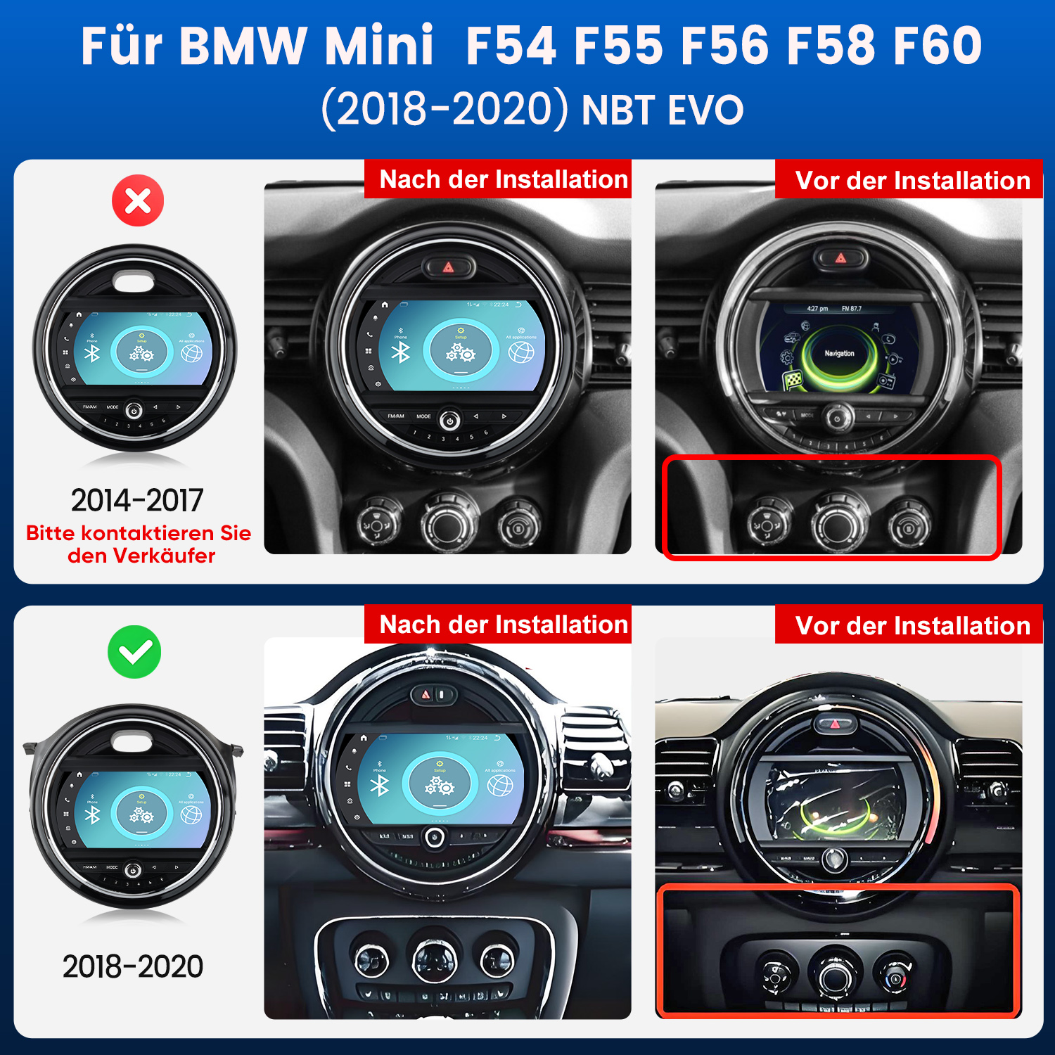 Vergleich BMW Mini Armaturenbrett: Vor und nach der Installation eines neuen Displays.