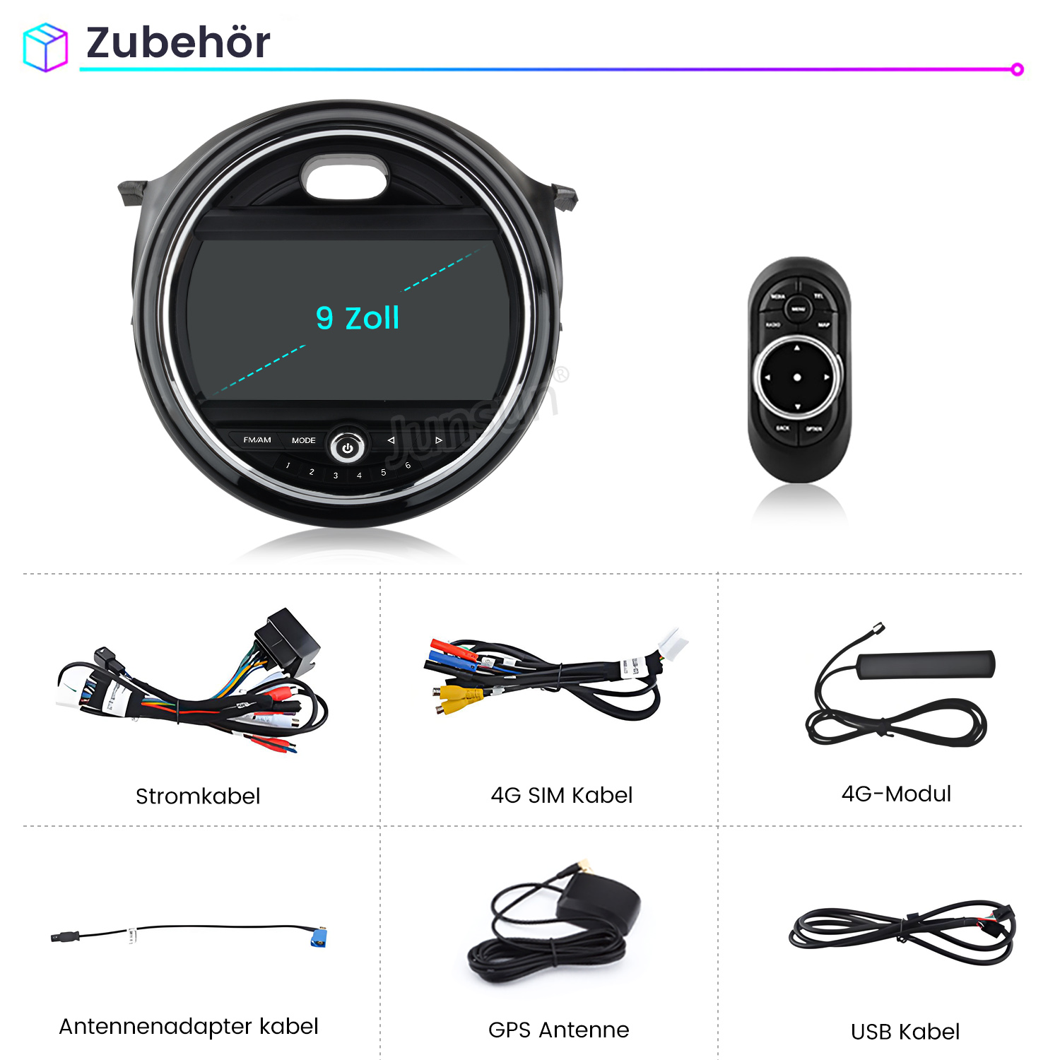 Zubehör: 9-Zoll-Infotainment-System mit Fernbedienung und Kabeln.