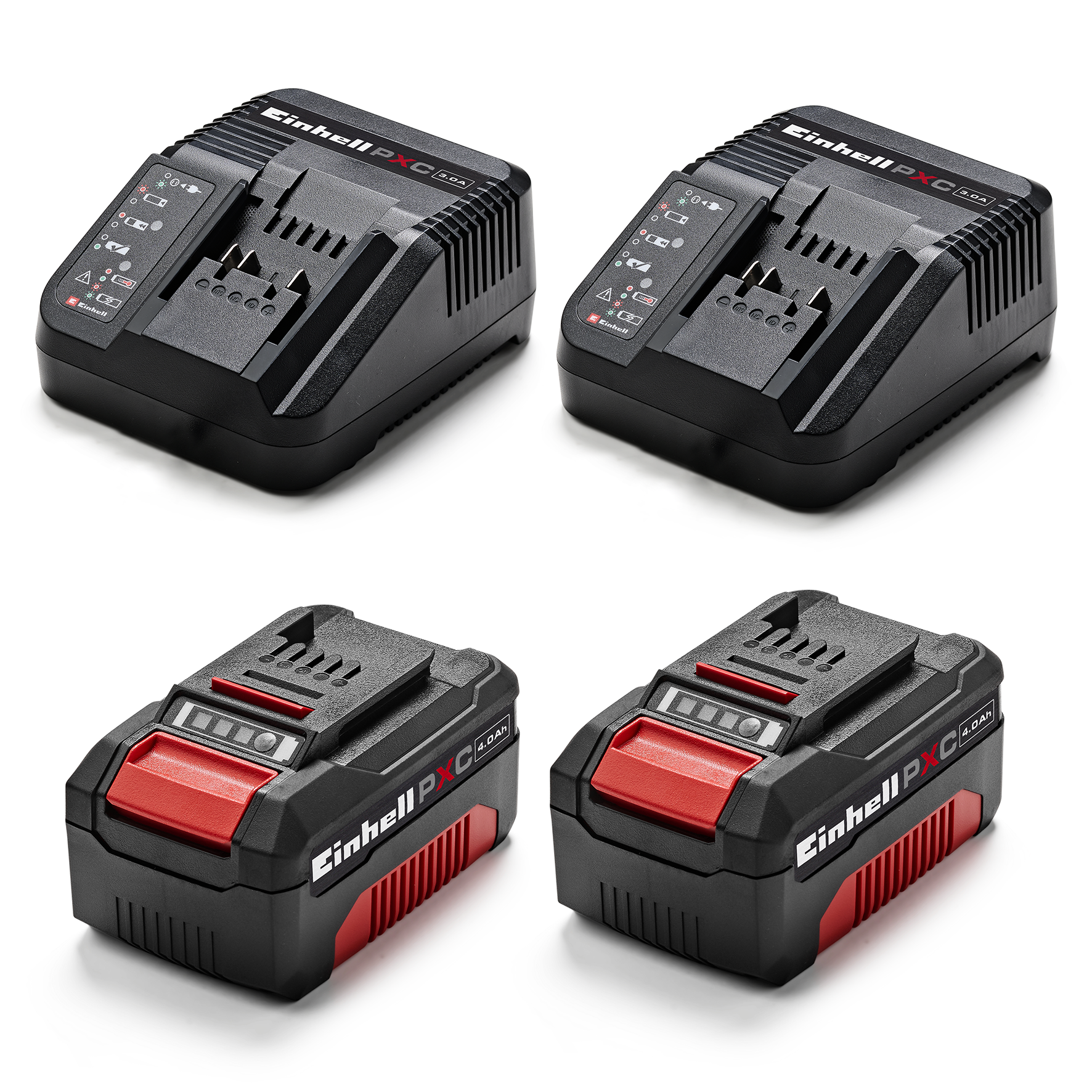 Zwei Einhell PXC 3.0A Ladegeräte und zwei 4.0Ah Akkus auf weißem Grund.