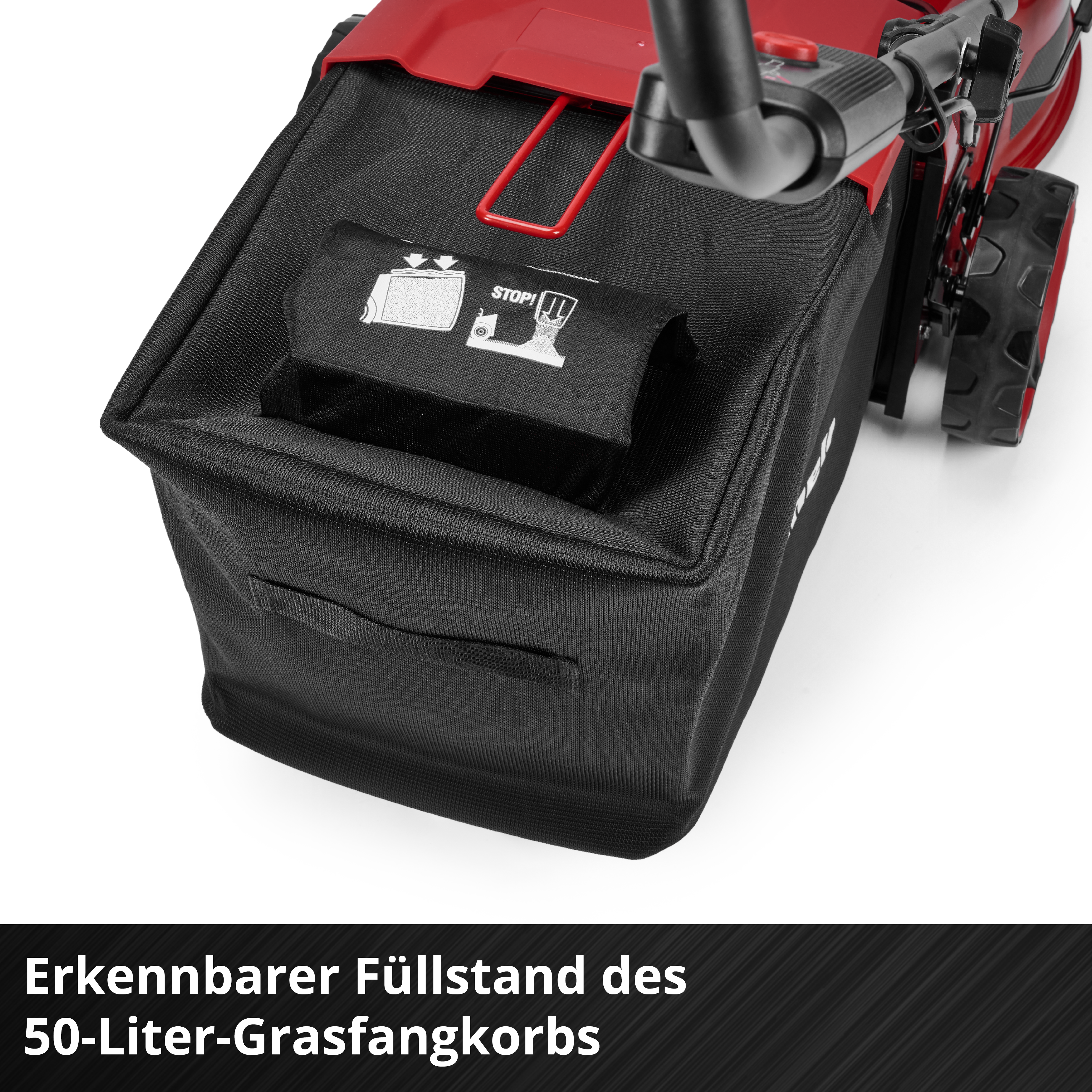 Roter Rasenmäher mit schwarzem Fangkorb und Griff. Anzeige für Füllstand.