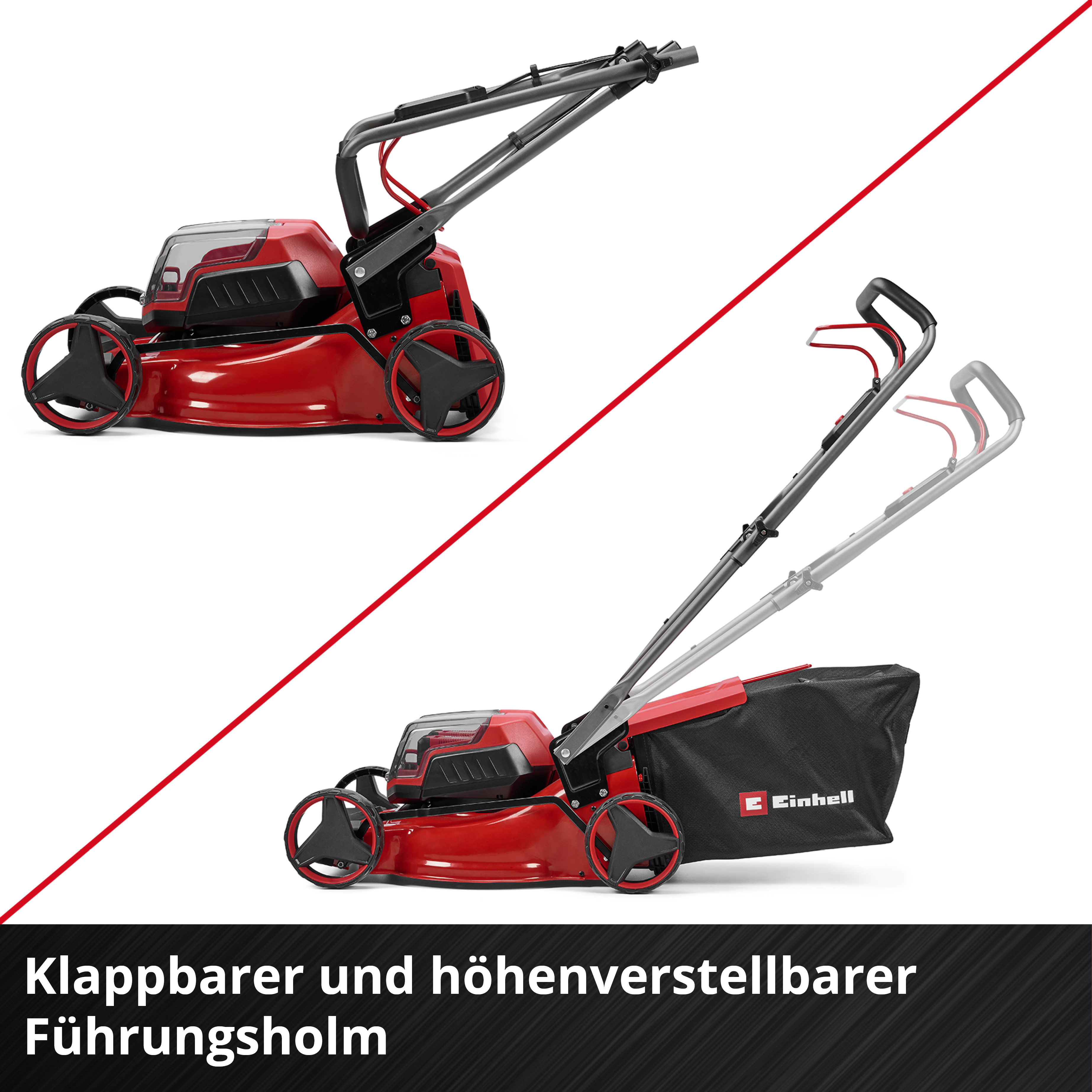 Rasenmäher mit klappbarem und höhenverstellbarem Holm in Rot.