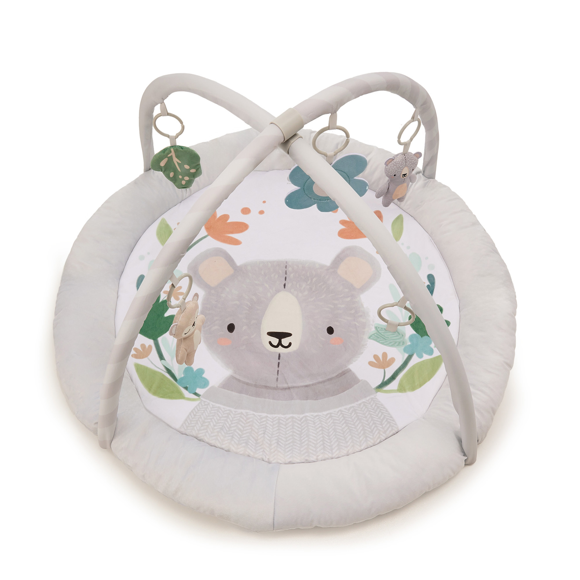 Baby-Spieldecke mit Bärenmotiv, Bögen und Spielzeug.
