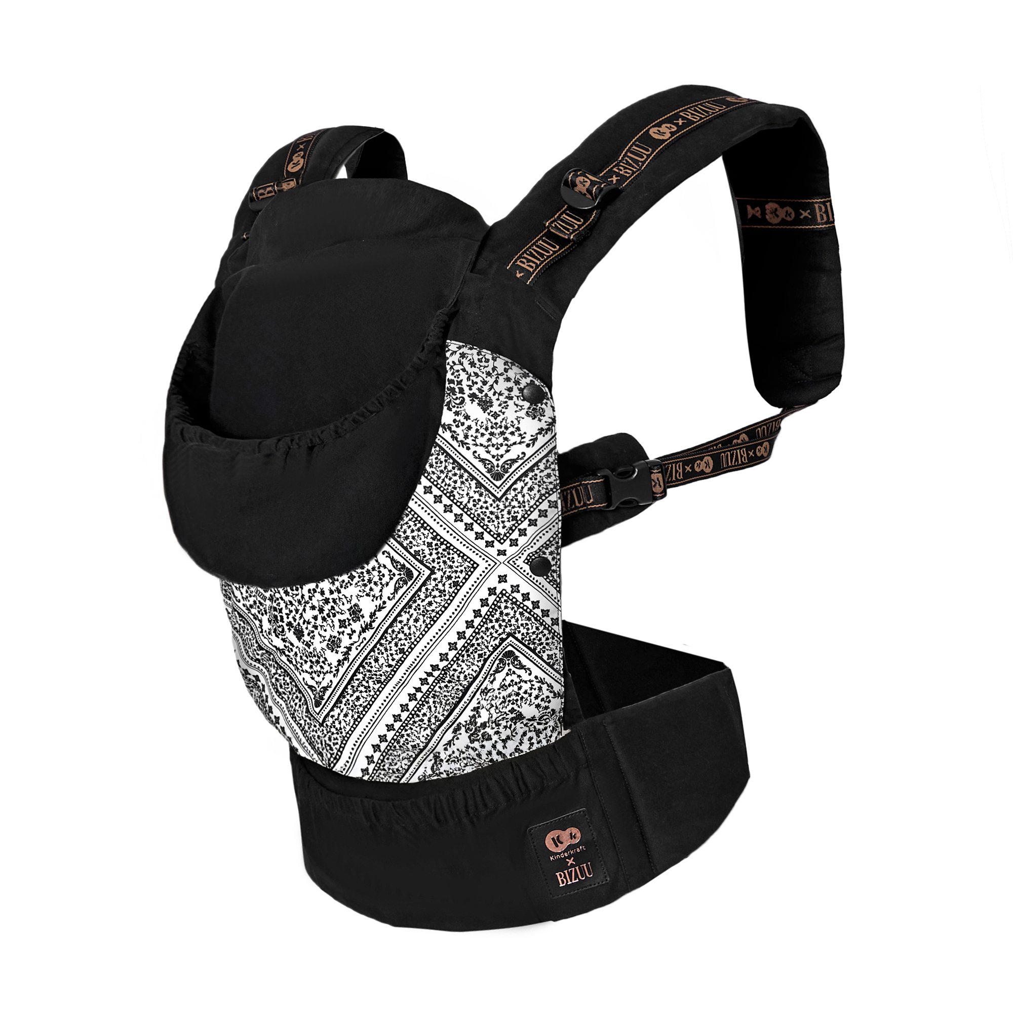 Schwarzer Tragegurt mit weißem Bandana-Muster und goldenen Logos.
