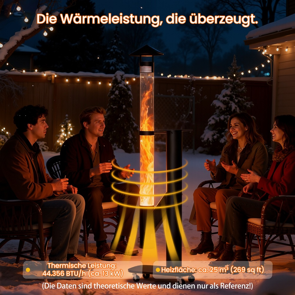 Vier Personen sitzen um einen leuchtenden Terrassenheizer mit sichtbaren Flammen im verschneiten Garten.