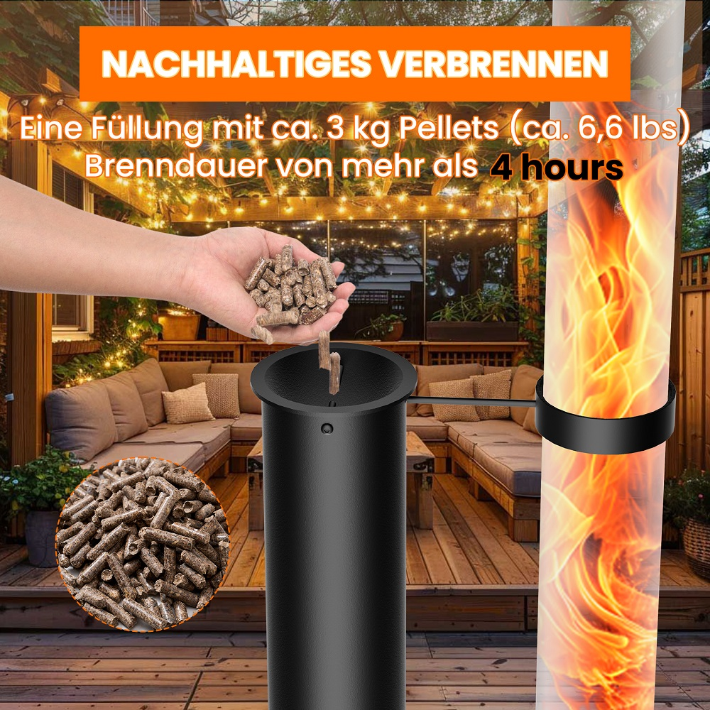 Hand schüttet Holzpellets in einen schwarzen Behälter neben brennenden Flammen.