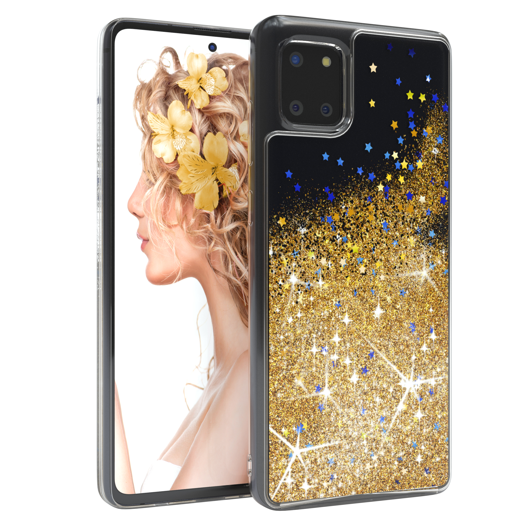 Ein Smartphone mit einem glitzernden Sternenmuster-Case, das ein Frauenprofil zeigt.