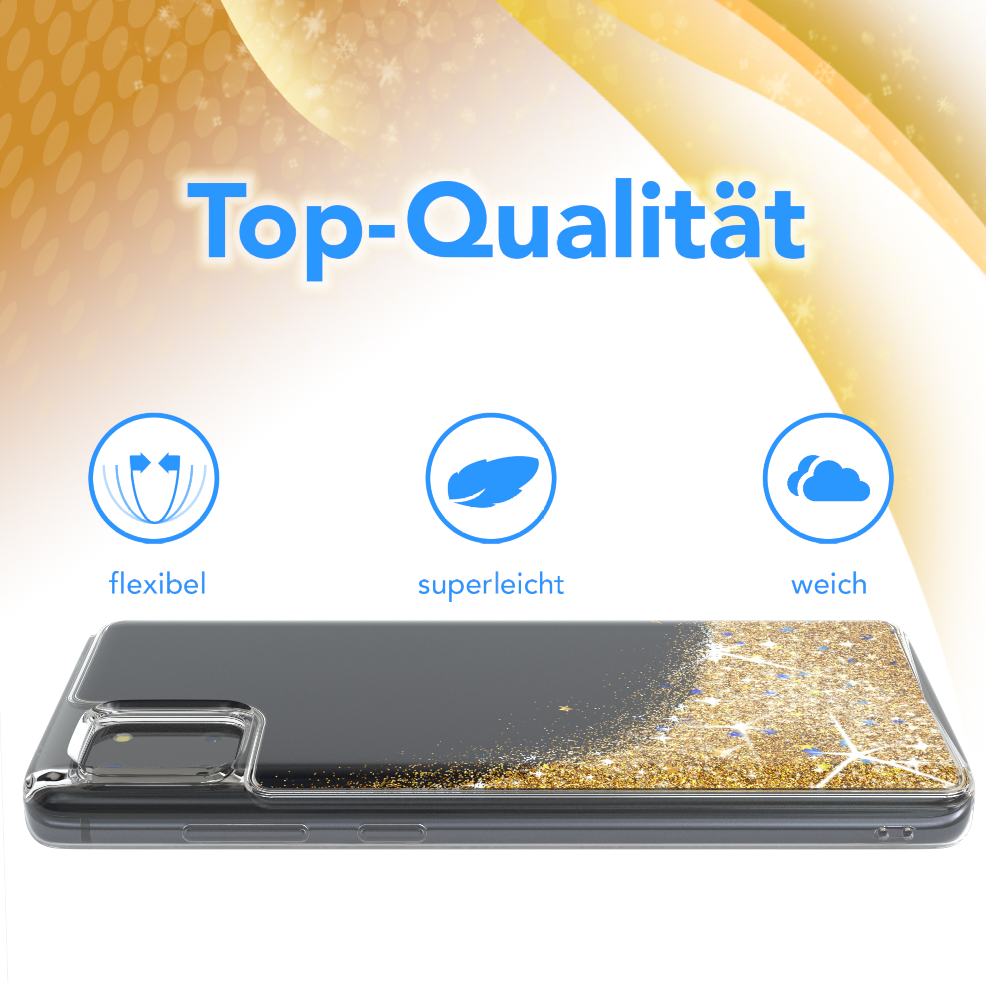 Eine Handyhülle mit Glitzerstreifen und Icons für Flexibilität, Leichtigkeit und Weichheit.