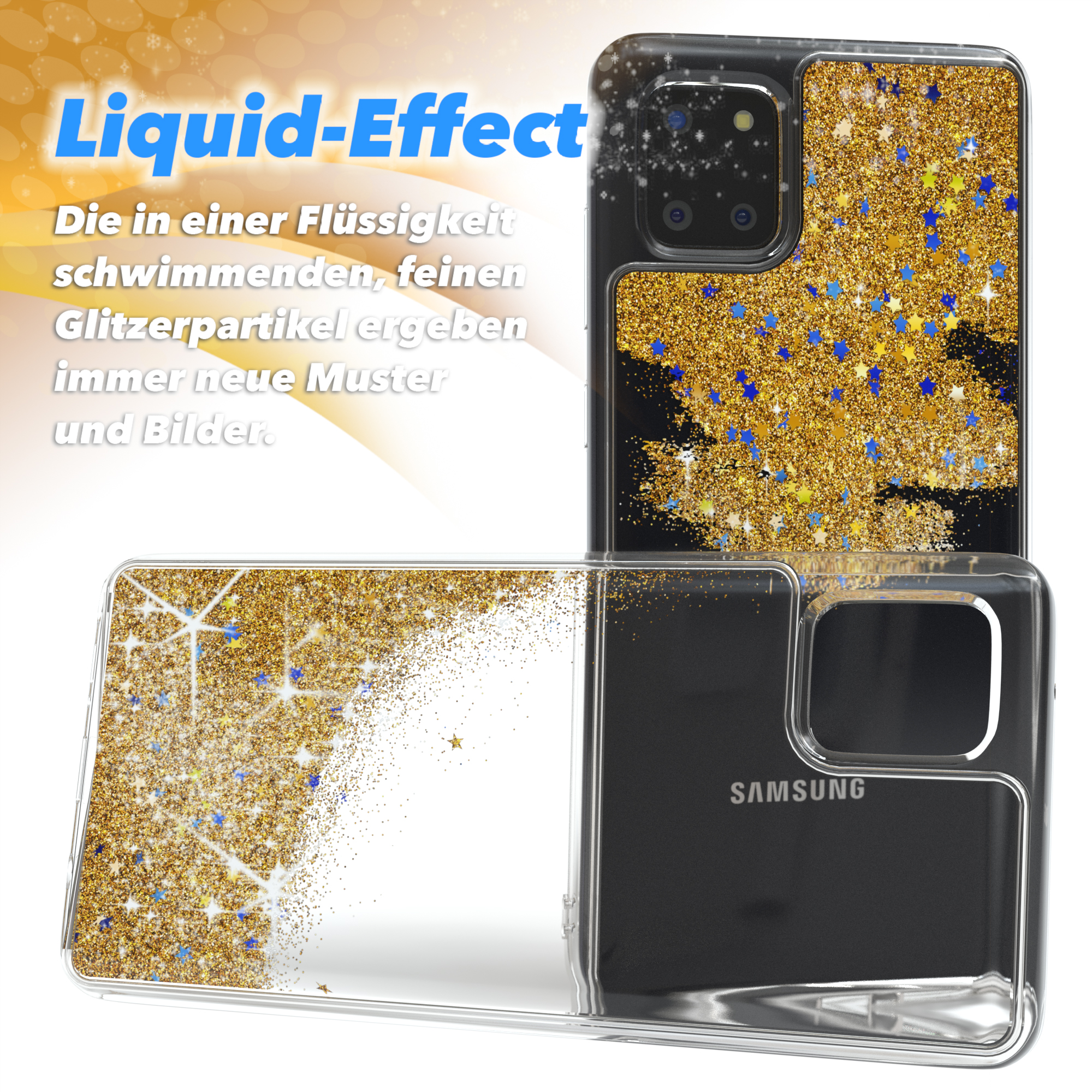 Samsung Handyhülle mit flüssigem Glitzereffekt, Gold und blauen Sternen.
