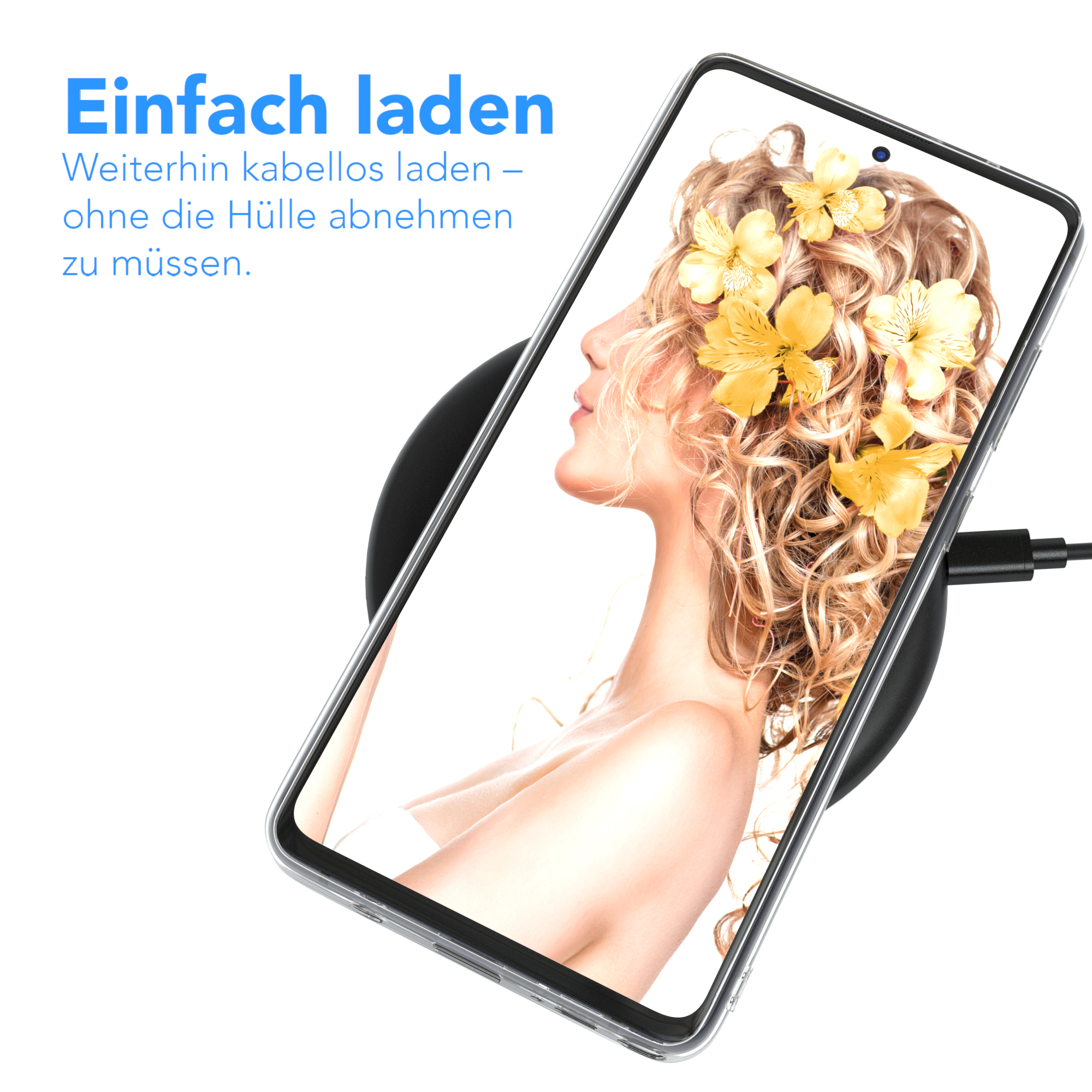 Smartphone lädt kabellos auf schwarzer Ladestation, Bild einer Frau mit Blumen im Haar.