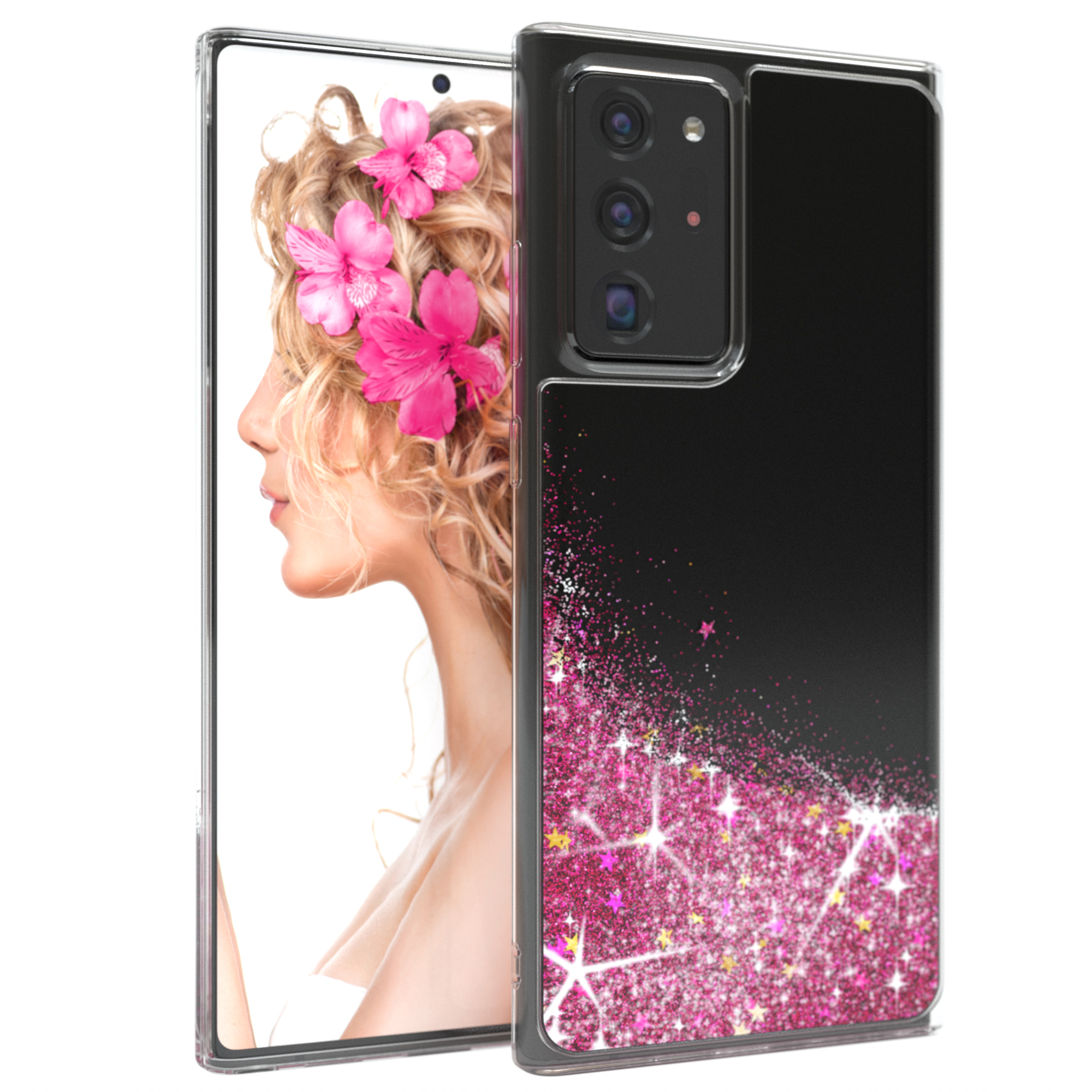 Profil einer Frau mit rosa Blumen im blonden Haar, daneben eine Handyhülle mit Glitzer.