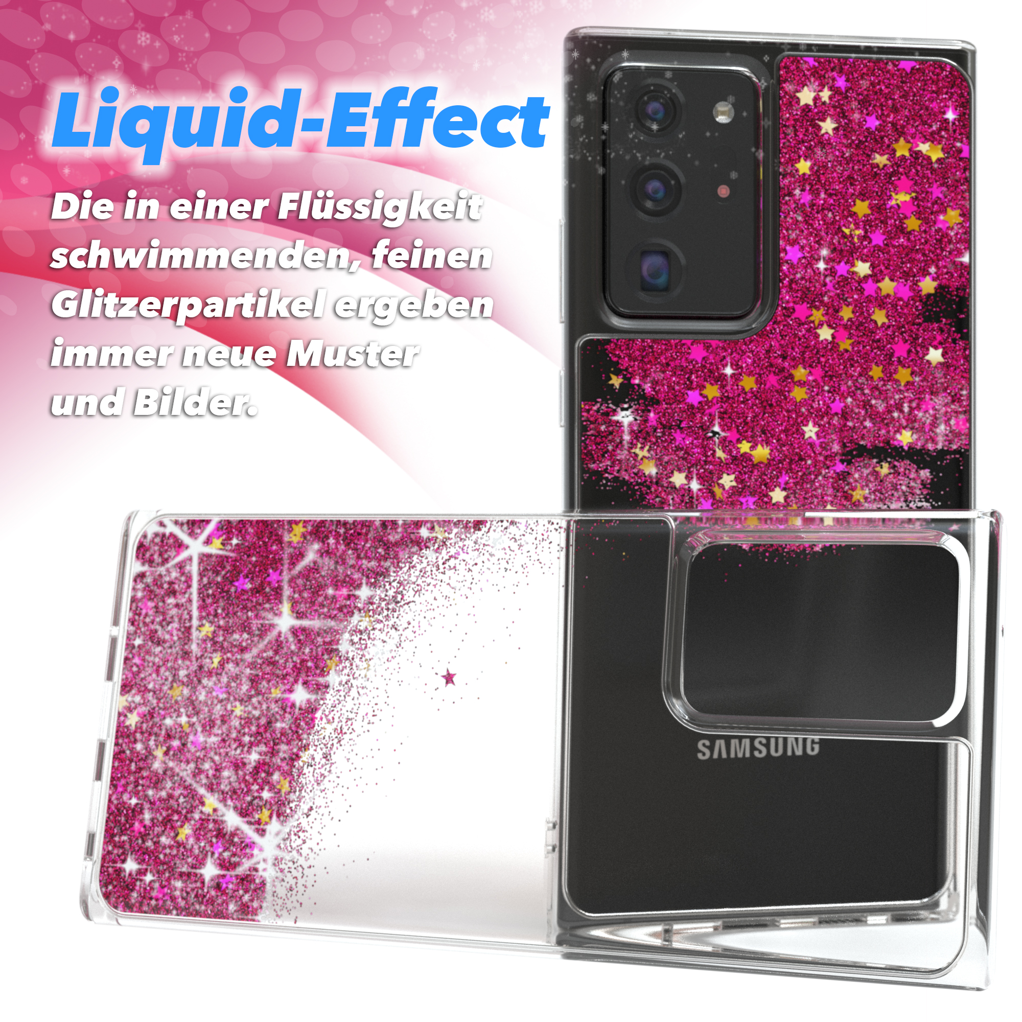 Handyhülle mit pinken Glitzerpartikeln und Sternen, Samsung-Logo.