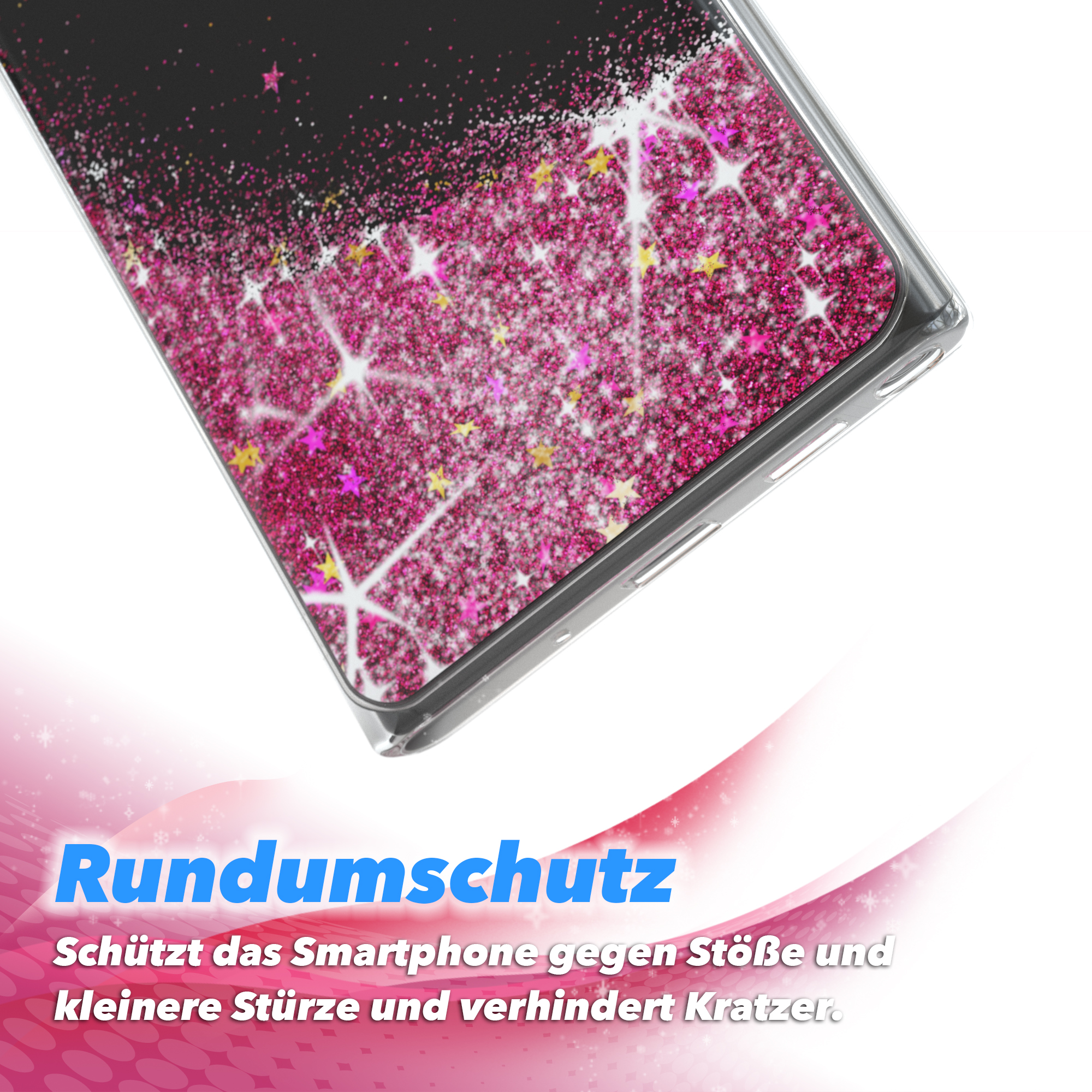 Eine Handyhülle mit pinkem Glitzer, Sternen und Text 'Rundumschutz'.