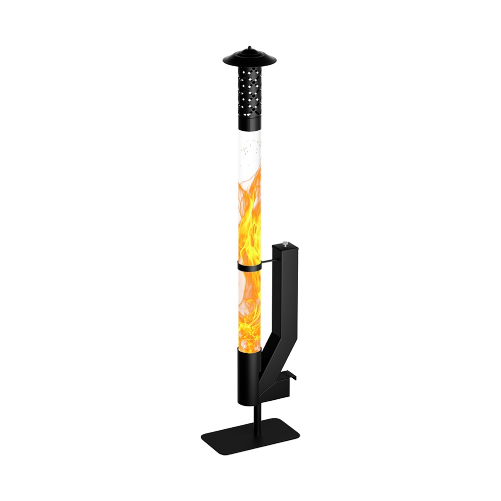 Schwarzer Standfuß mit Glasröhre, darin Flammen. Metallkappe oben.