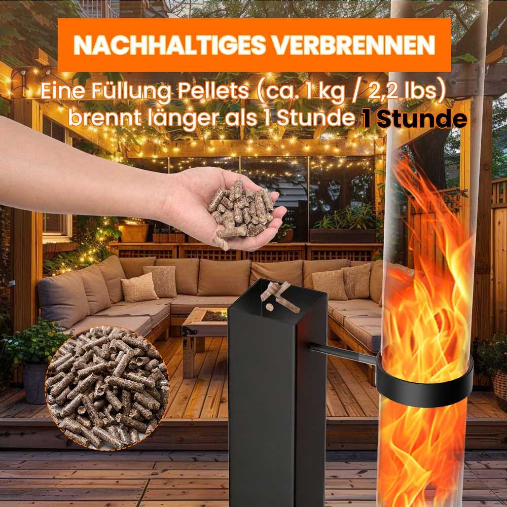 Hand hält Holzpellets vor einem Terrassenofen mit Flammen.