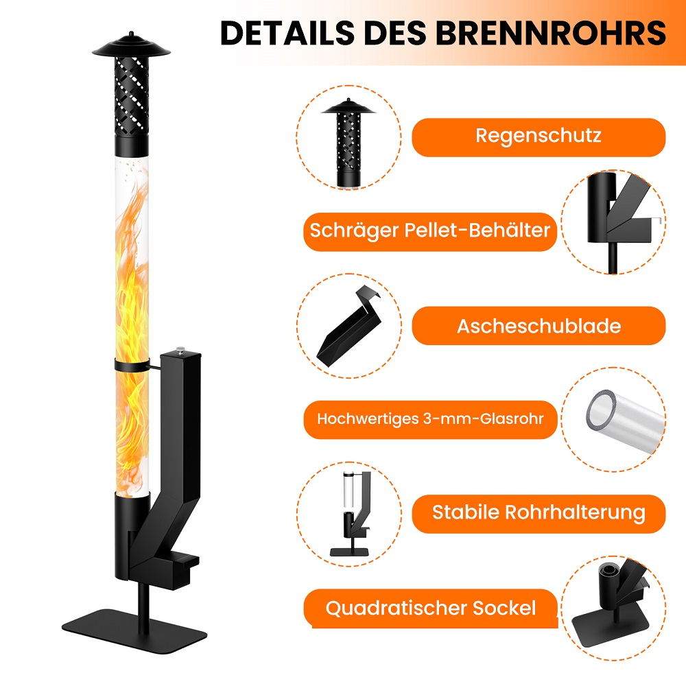 Details eines Brennrohrs mit Flammen, Schutzhaube, Ascheschublade und Sockel.