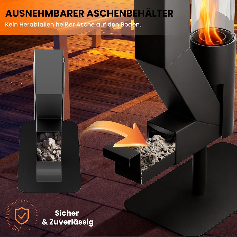 Schwarzer Aschenbehälter mit herausziehbarem Fach, gefüllt mit Asche.