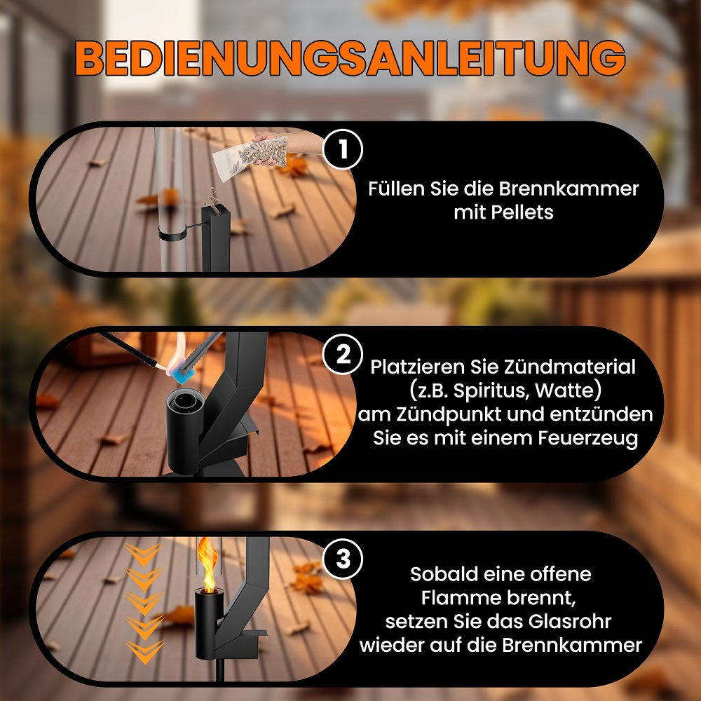 Schritt-für-Schritt-Anleitung für einen Pelletofen: Pellets einfüllen, anzünden, Glasrohr aufsetzen.