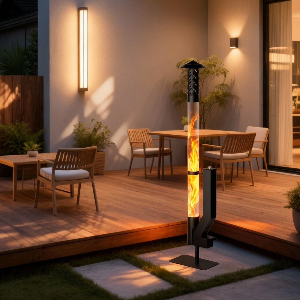 Ein moderner Terrassenofen mit Flammen in einem Glasrohr, auf einem Holzdeck.