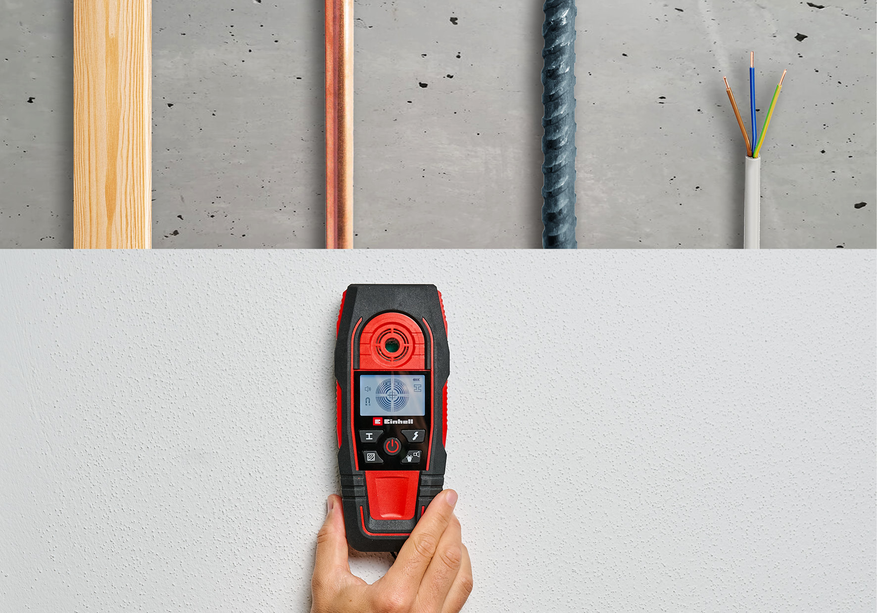 Ein Mann benutzt einen roten und schwarzen Wandscanner, um hinter einer weißen Wand nach Metall und Kabeln zu suchen.