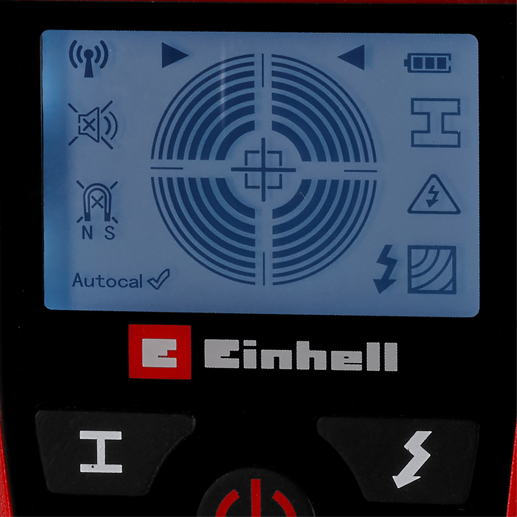 Display eines Detektors mit Zielkreuz, Symbolen und der Marke Einhell.