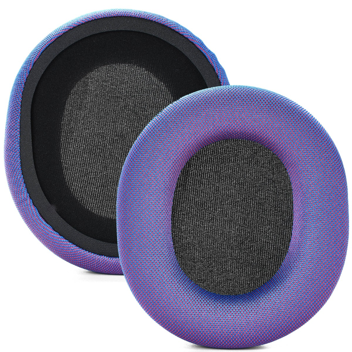 Due cuscinetti rotondi per cuffie in colori sfumati blu e viola.