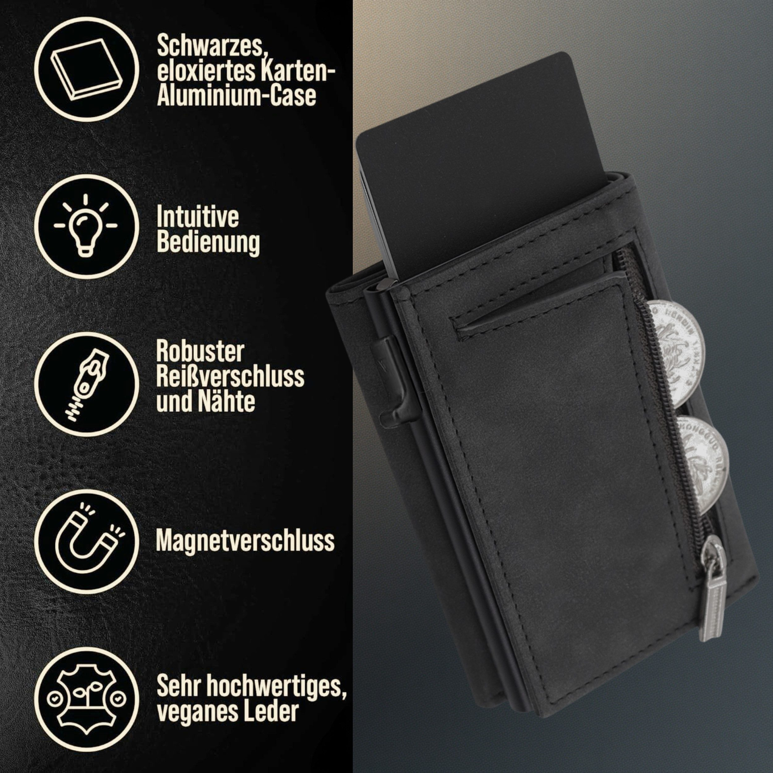 Schwarzes Portemonnaie mit Münzfach, Kartenfach und Magnetverschluss.
