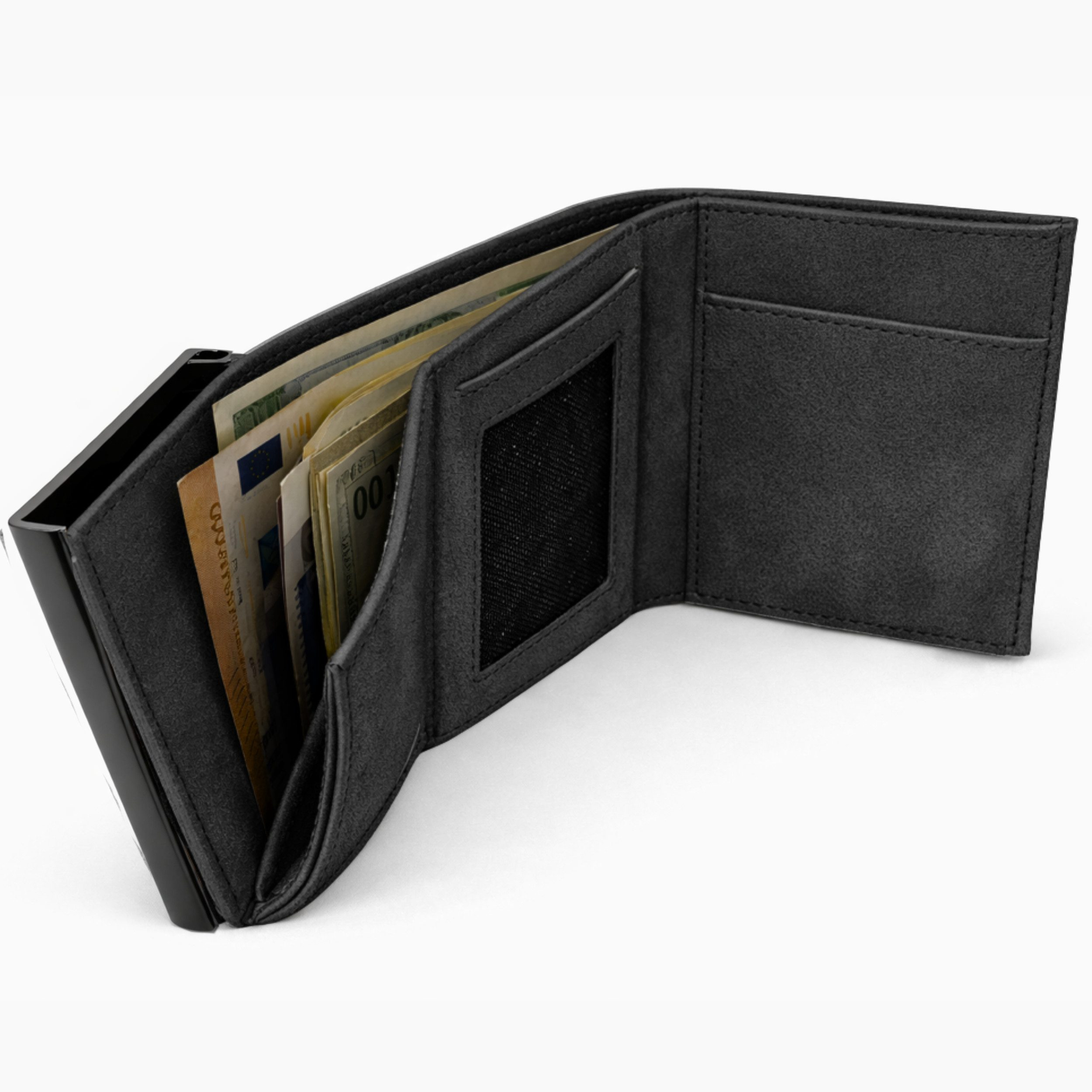 Schwarzes Portemonnaie mit Geldscheinen, offen.
