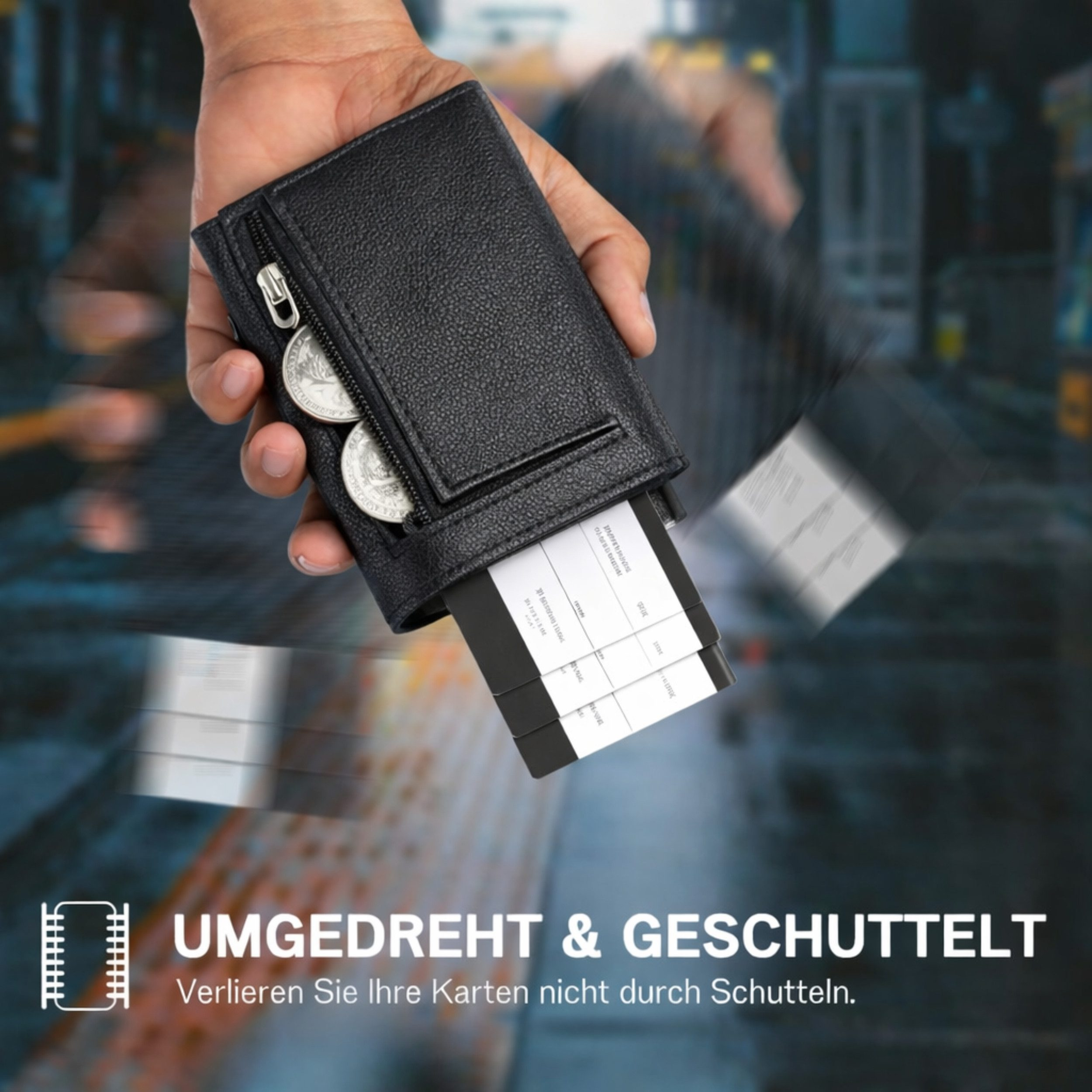 Eine Hand hält eine schwarze Geldbörse mit Münzen und Karten. Text: UMGE DREHT & GESCHÜTTELT.
