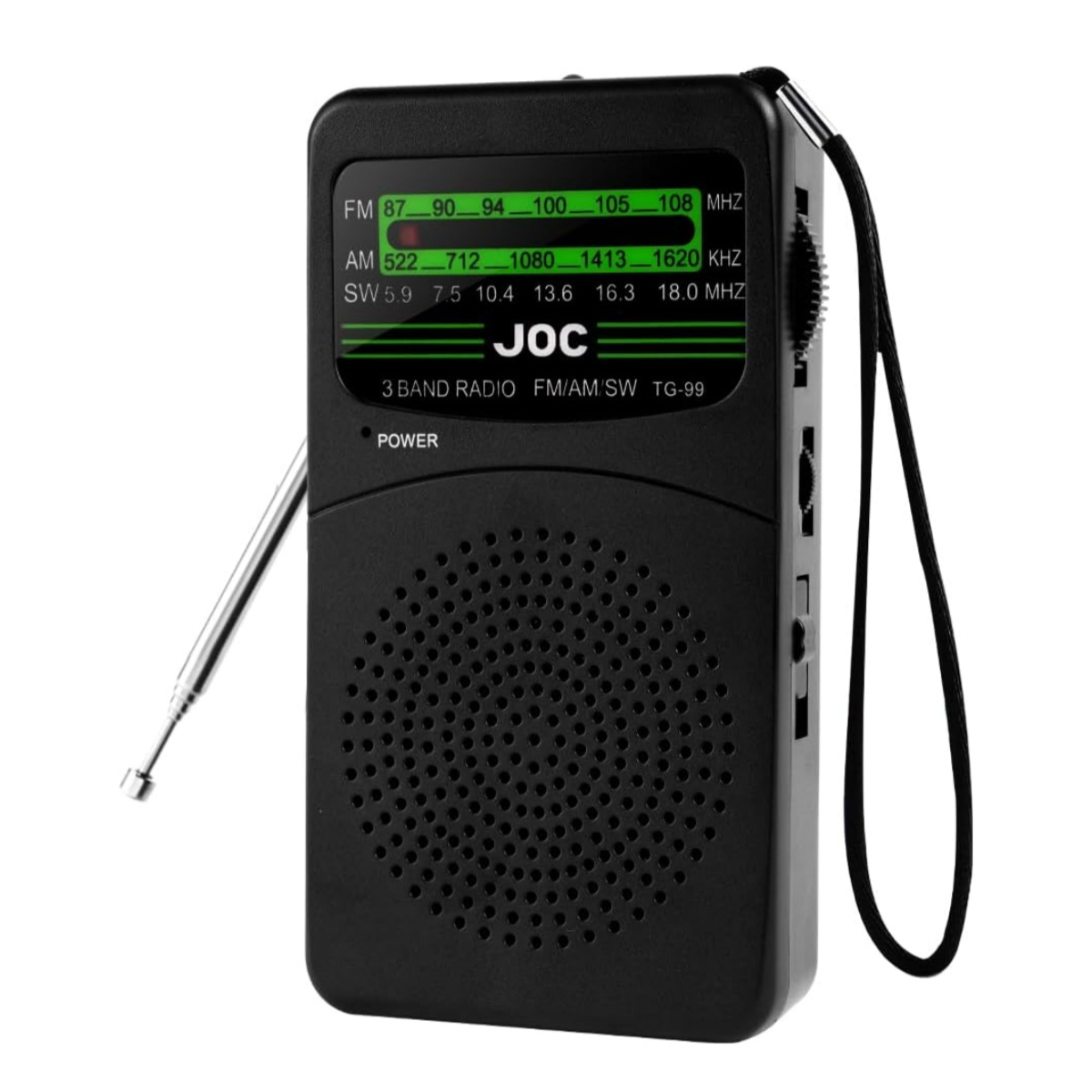 Schwarzes 3-Band-Radio mit Antenne, Lautsprecher und Bedienelementen.