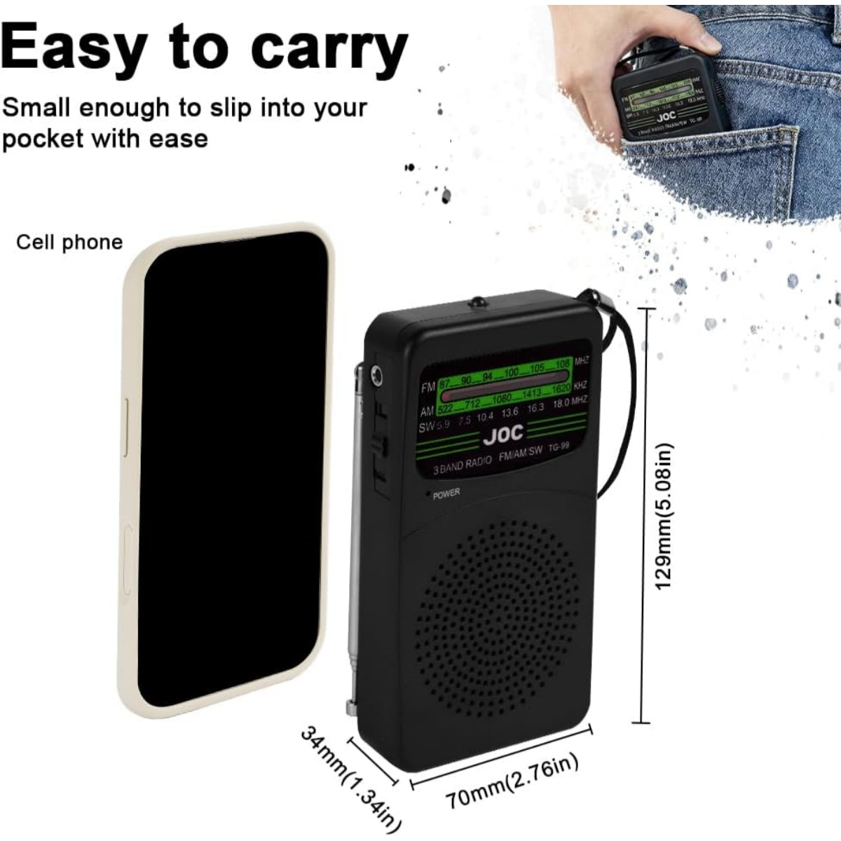 Ein schwarzes UKW/MW/KW-Radio mit Antenne neben einem hellbeigen Smartphone.