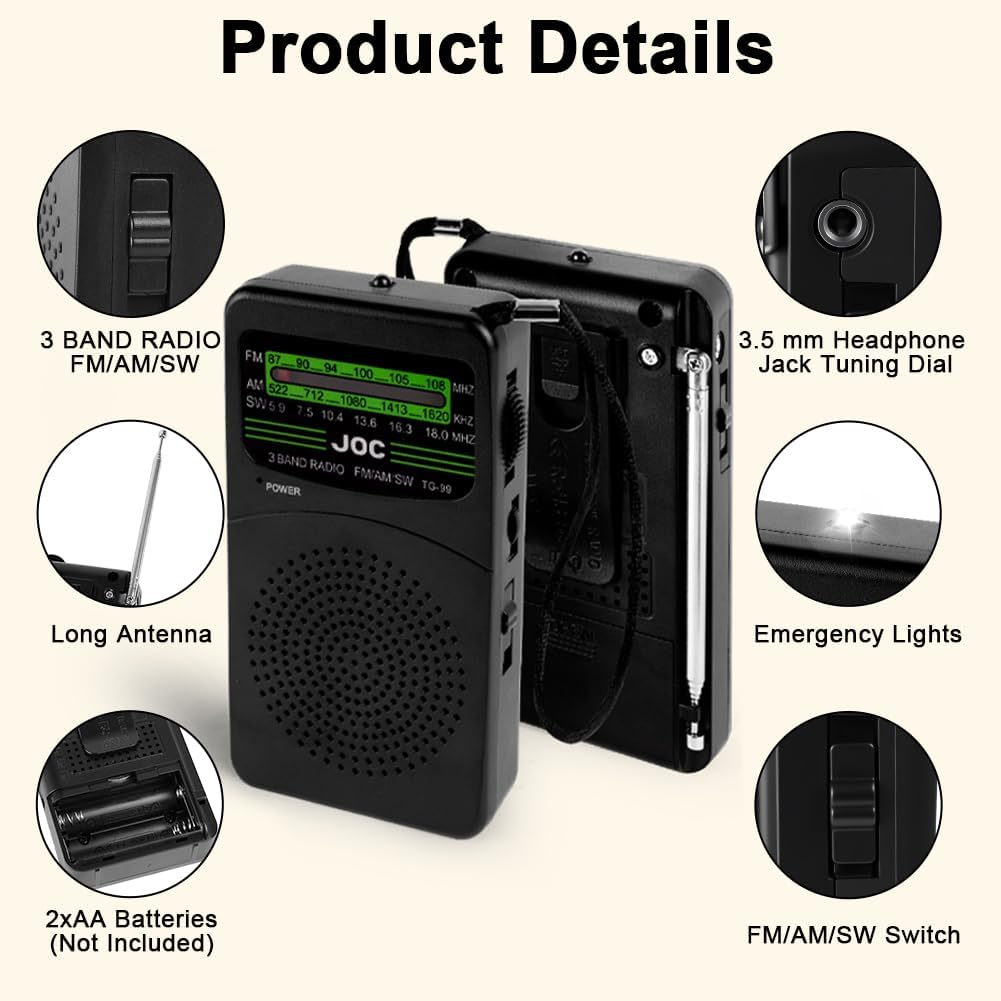Schwarzes 3-Band-Radio mit FM/AM/SW, Antenne, Kopfhörerbuchse und Batteriefach.