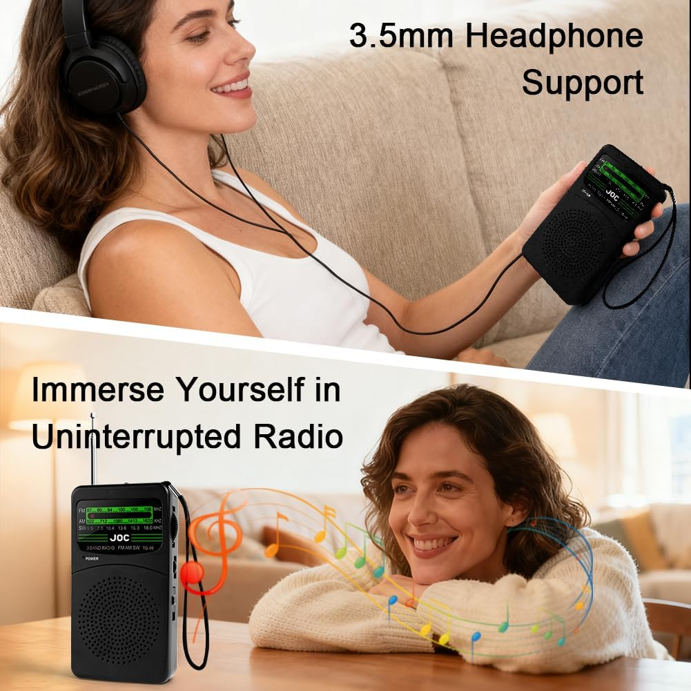 Eine Frau mit Kopfhörern und ein tragbares Radio. Eine andere Frau lauscht Musik.