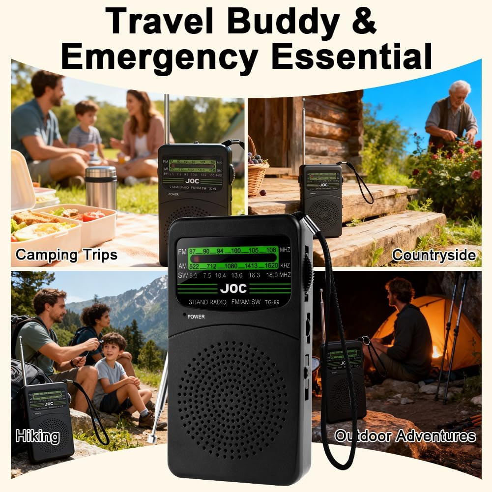 Collage eines schwarzen JOC-Radios in Außenumgebungen: Camping, Land, Wandern, Abenteuer.