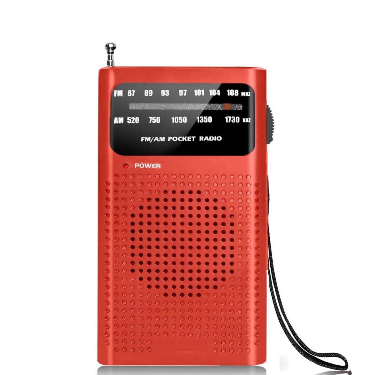 Ein rotes FM/AM-Taschenradio mit Antenne, Lautsprecher und Knöpfen.