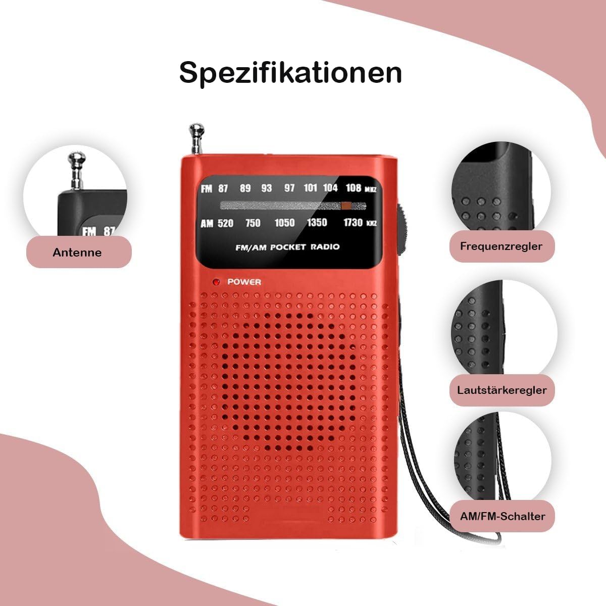 Rotes FM/AM-Taschenradio mit Antenne und Bedienelementen.