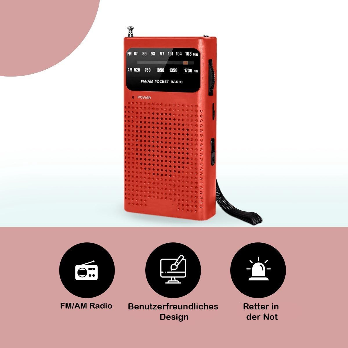Ein kleiner roter FM/AM-Taschenradio mit Lautsprechergitter und Bedienelementen.