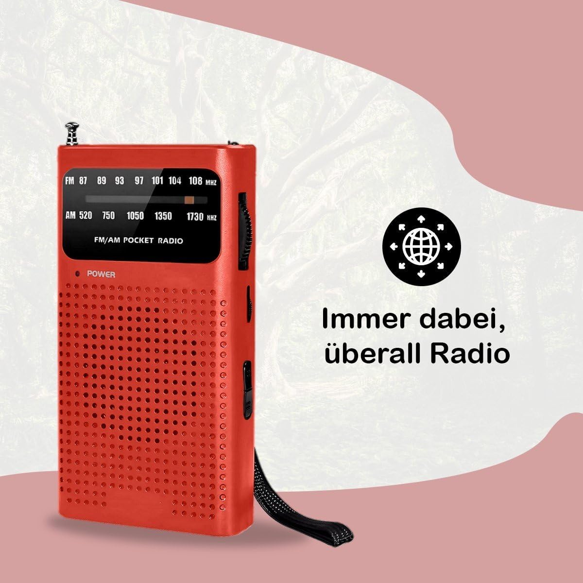 Ein rotes FM/AM Taschenradio mit Antenne und Lautsprecher.