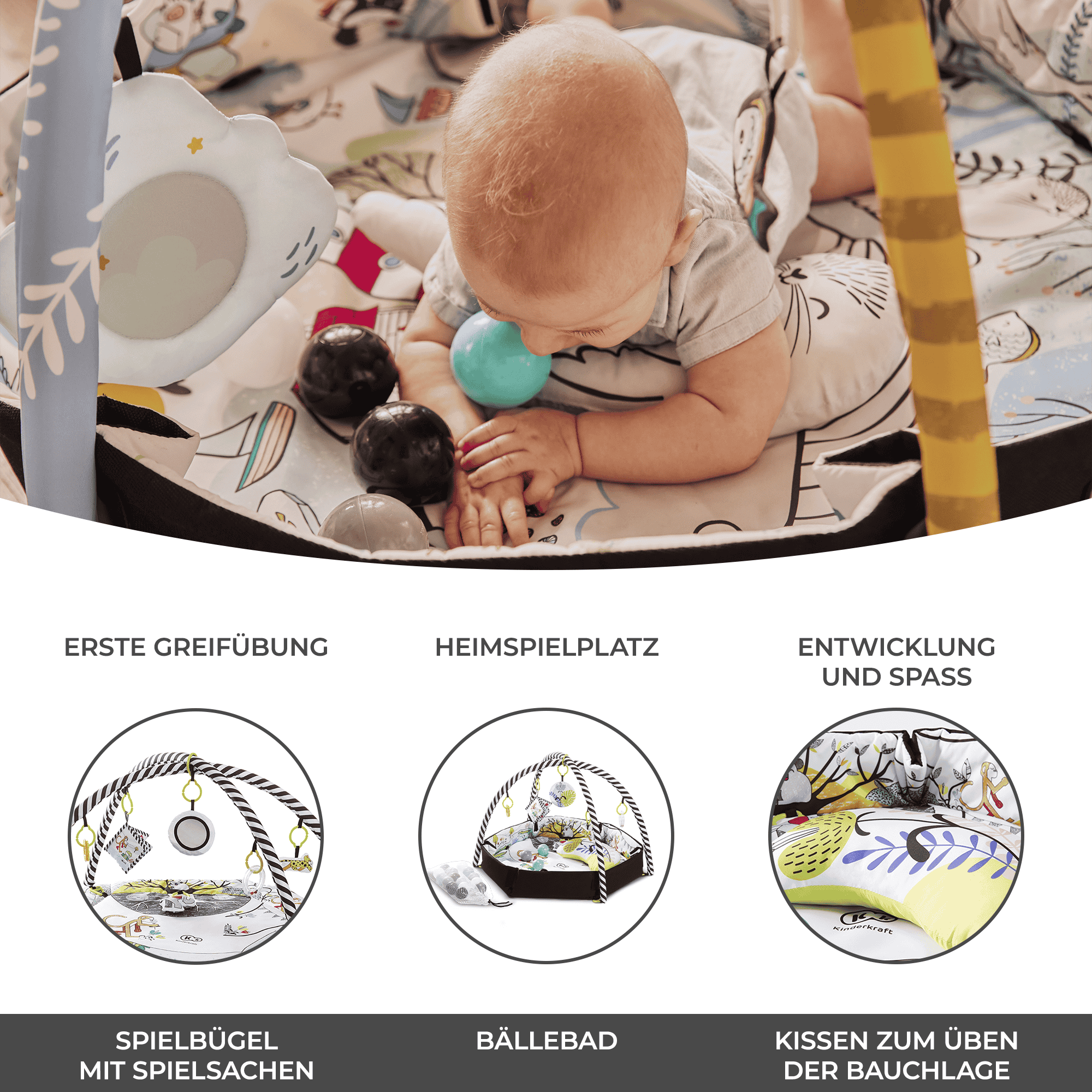 Baby spielt auf einer Spieldecke mit Bällen und Spielzeug.