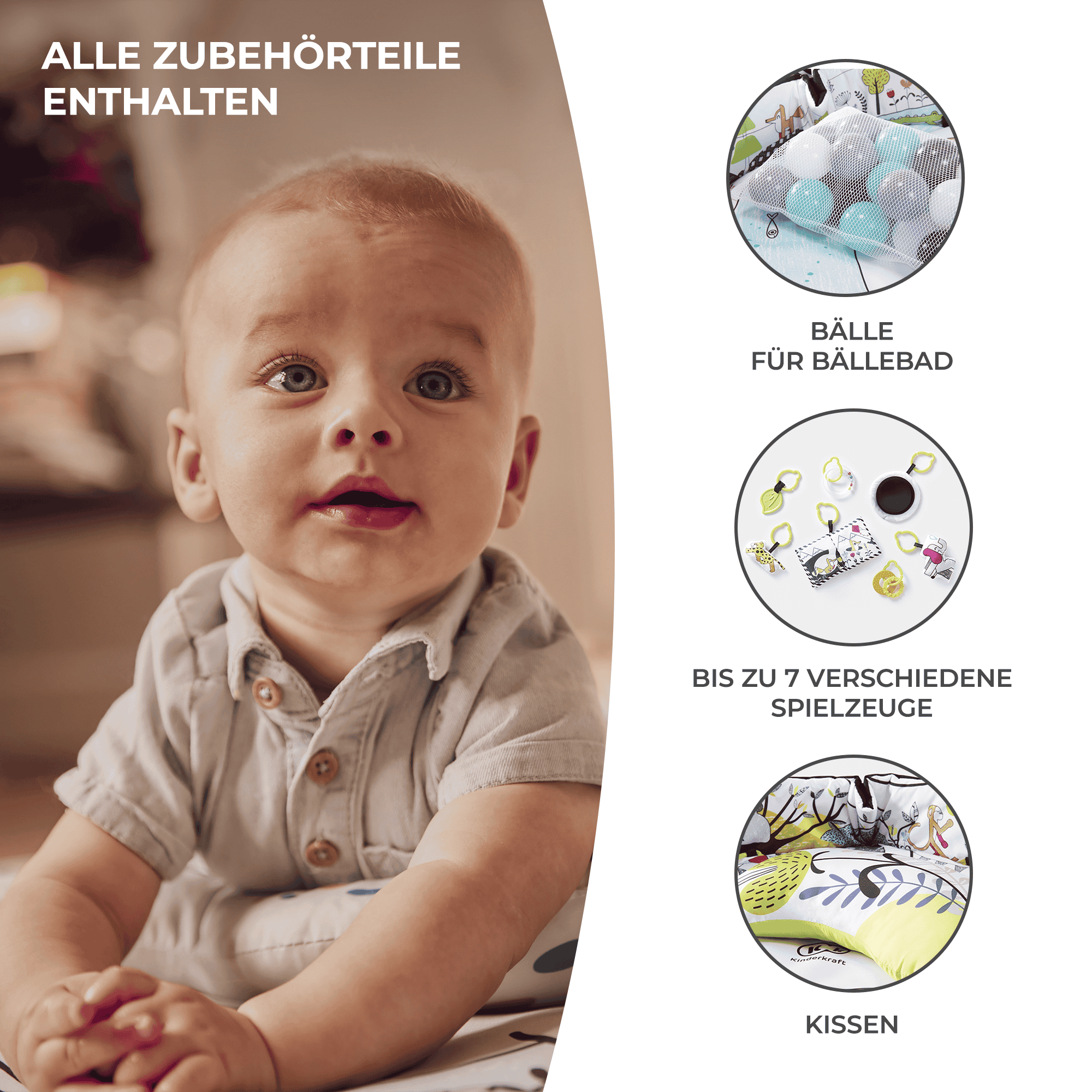 Baby mit Spielzeugzubehör: Bällebad, Spielzeuge, Kissen.