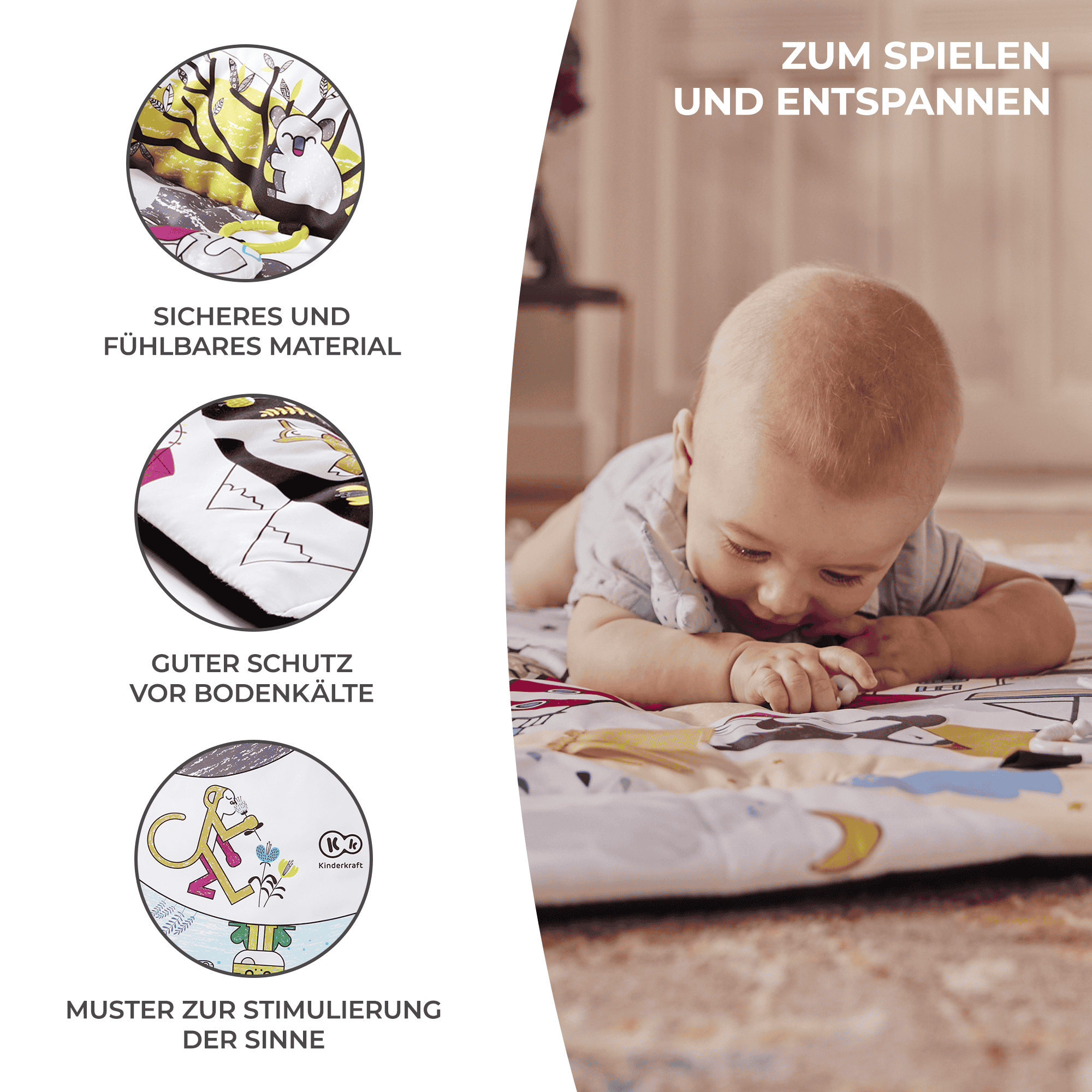 Baby liegt auf einer bunten Spielmatte mit Tiermotiven.